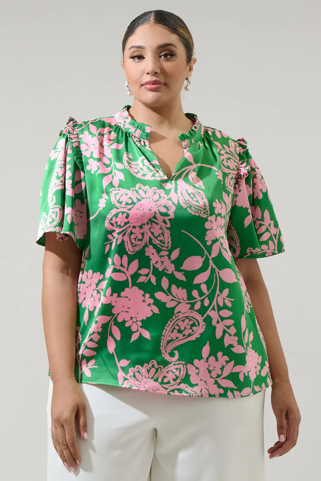 Anela Floral Mei Split Neck Satin Top Curve