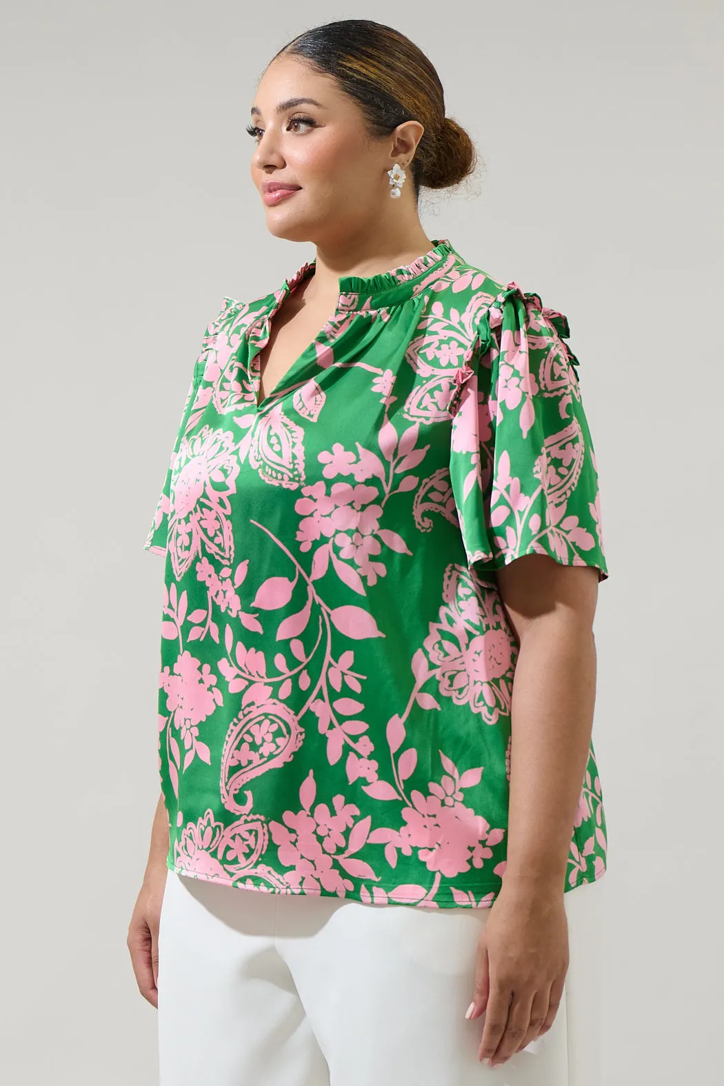 Anela Floral Mei Split Neck Satin Top Curve