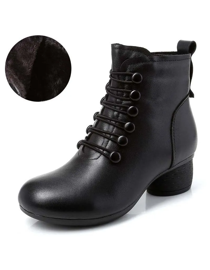 Autumn Winter Retro Leather Comfy Women Chunky Boots