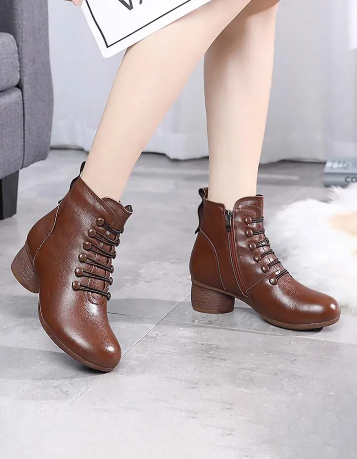 Autumn Winter Retro Leather Comfy Women Chunky Boots