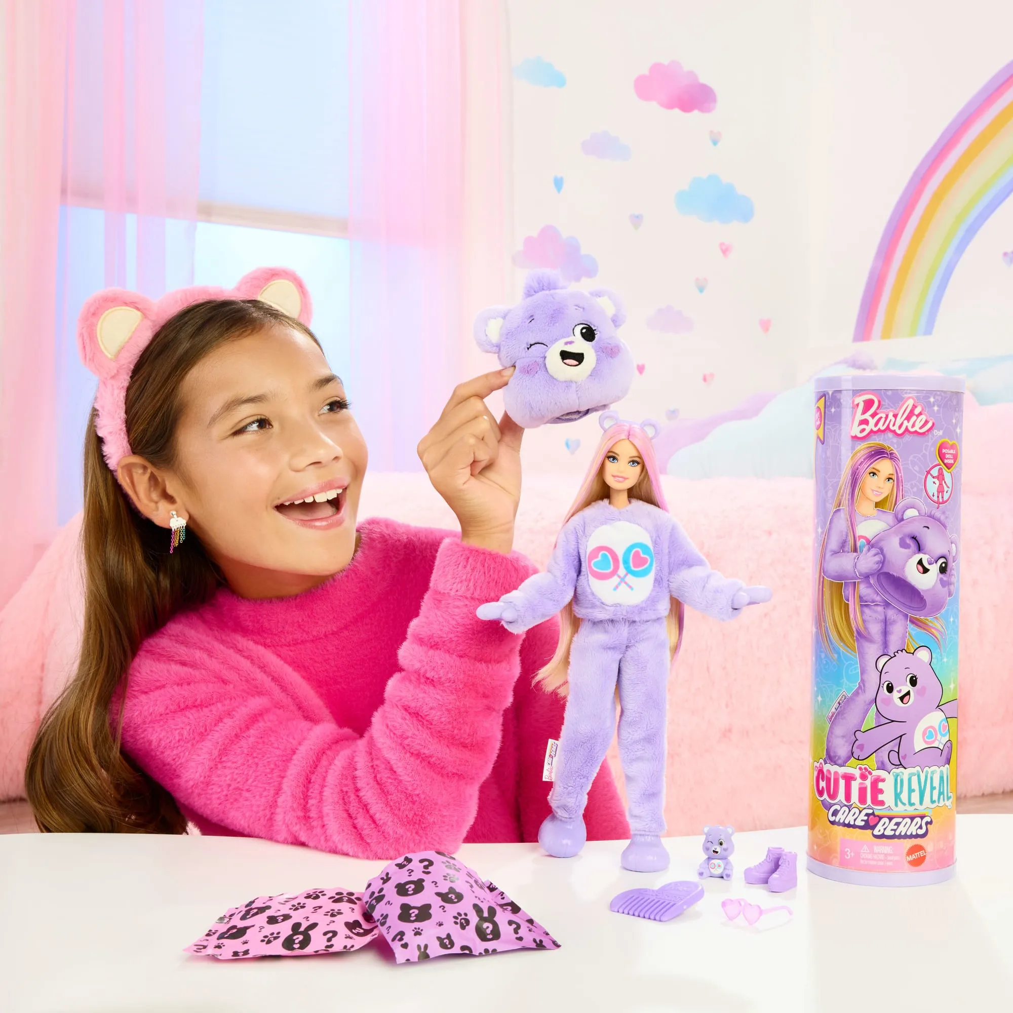 Barbie Cutie Reveal Care Bears Series Doll & Accessories in Share Bear Plush Costume, 10 Surprises