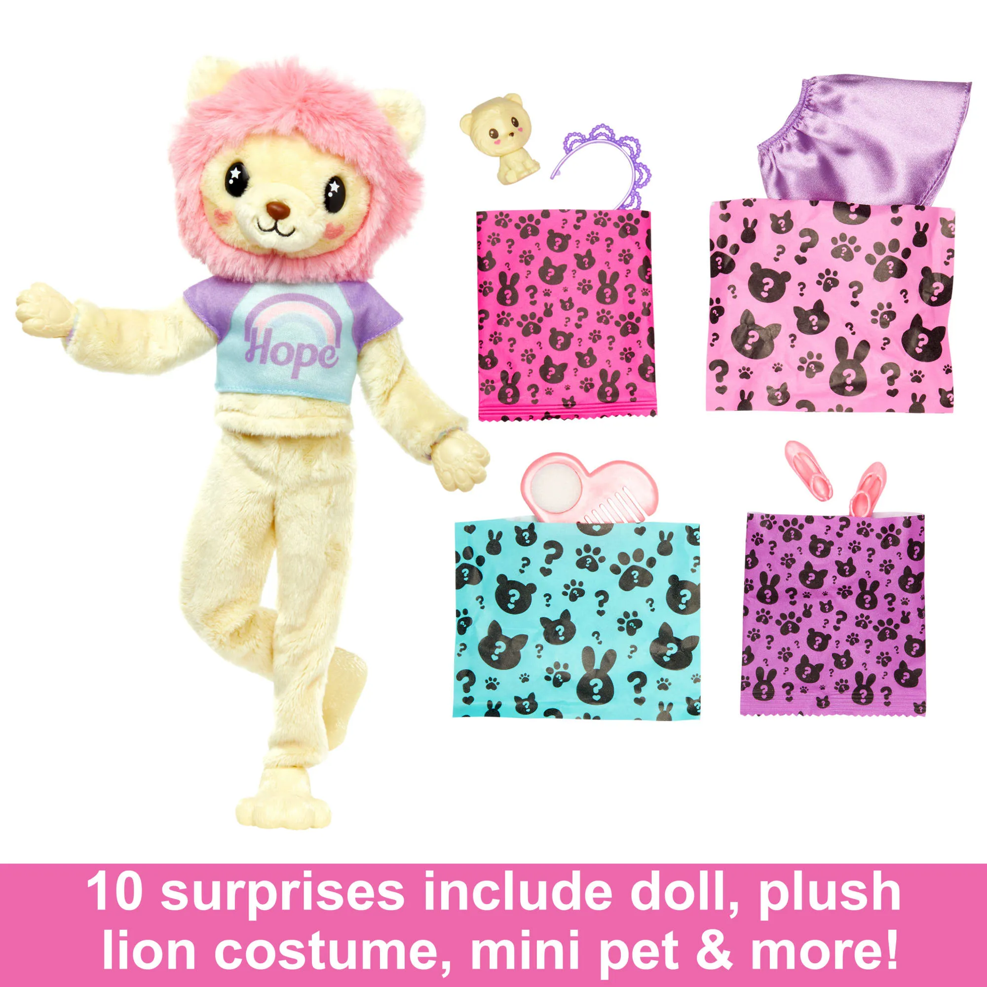 Barbie Cutie Reveal Doll & Accessories, Cozy Cute Tees Lion, “Hope” Tee, Purple-Streaked Blonde Hair, Brown Eyes