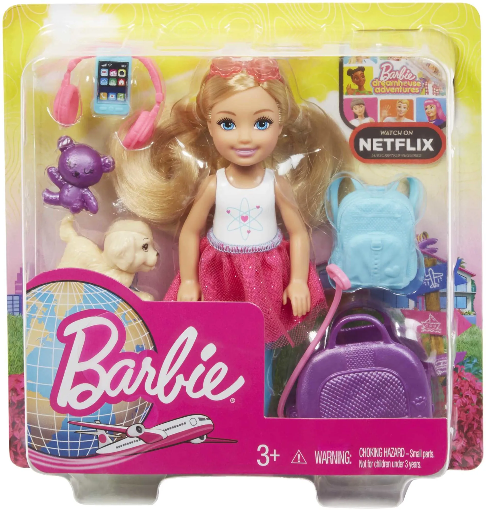 Barbie Dreamhouse Adventures Chelsea Doll & Accessories, Travel Set With Puppy, Blonde Small Doll