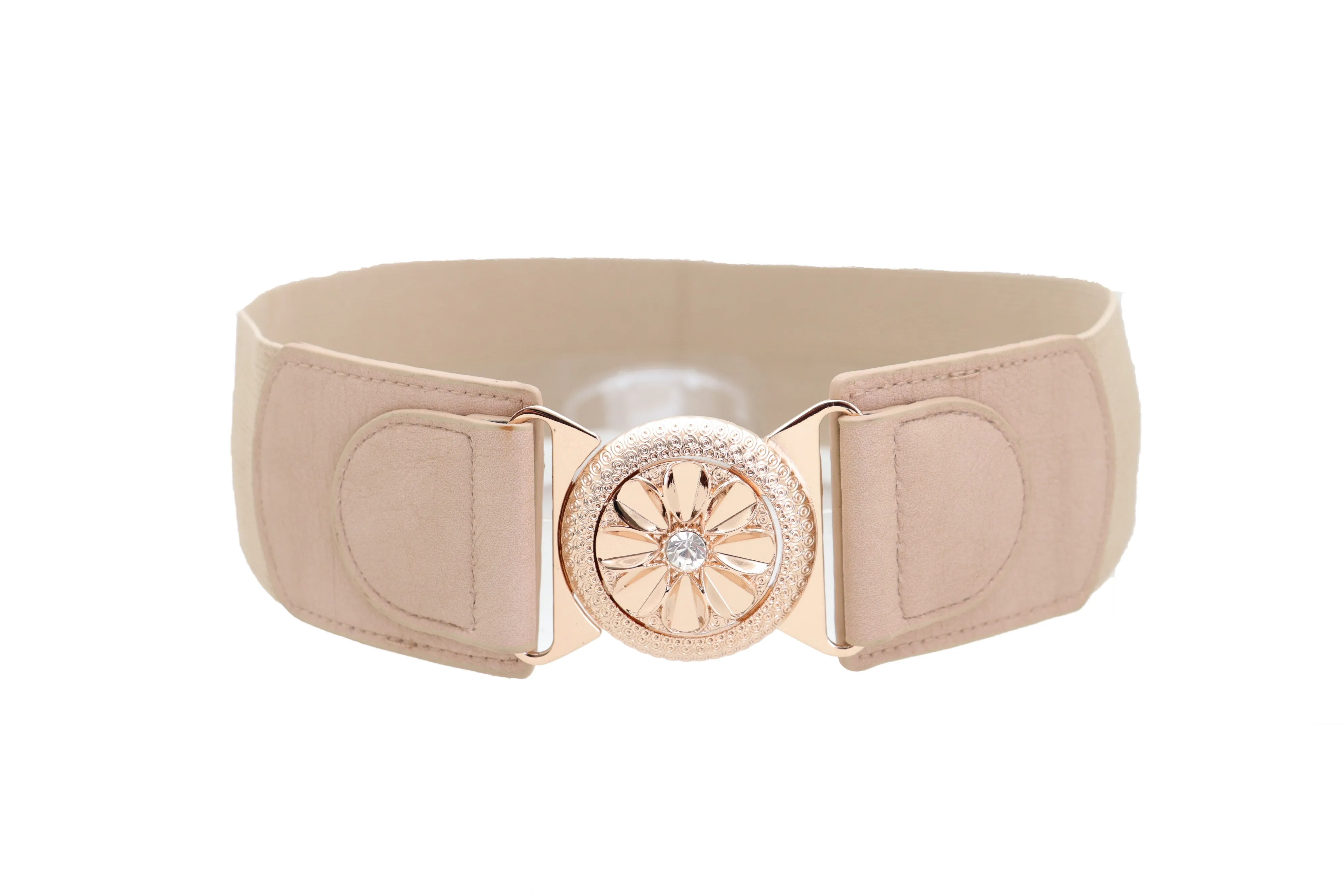 Beige Elastic Fashion Belt Hip High Waist Gold Metal Flower Buckle Fit S M