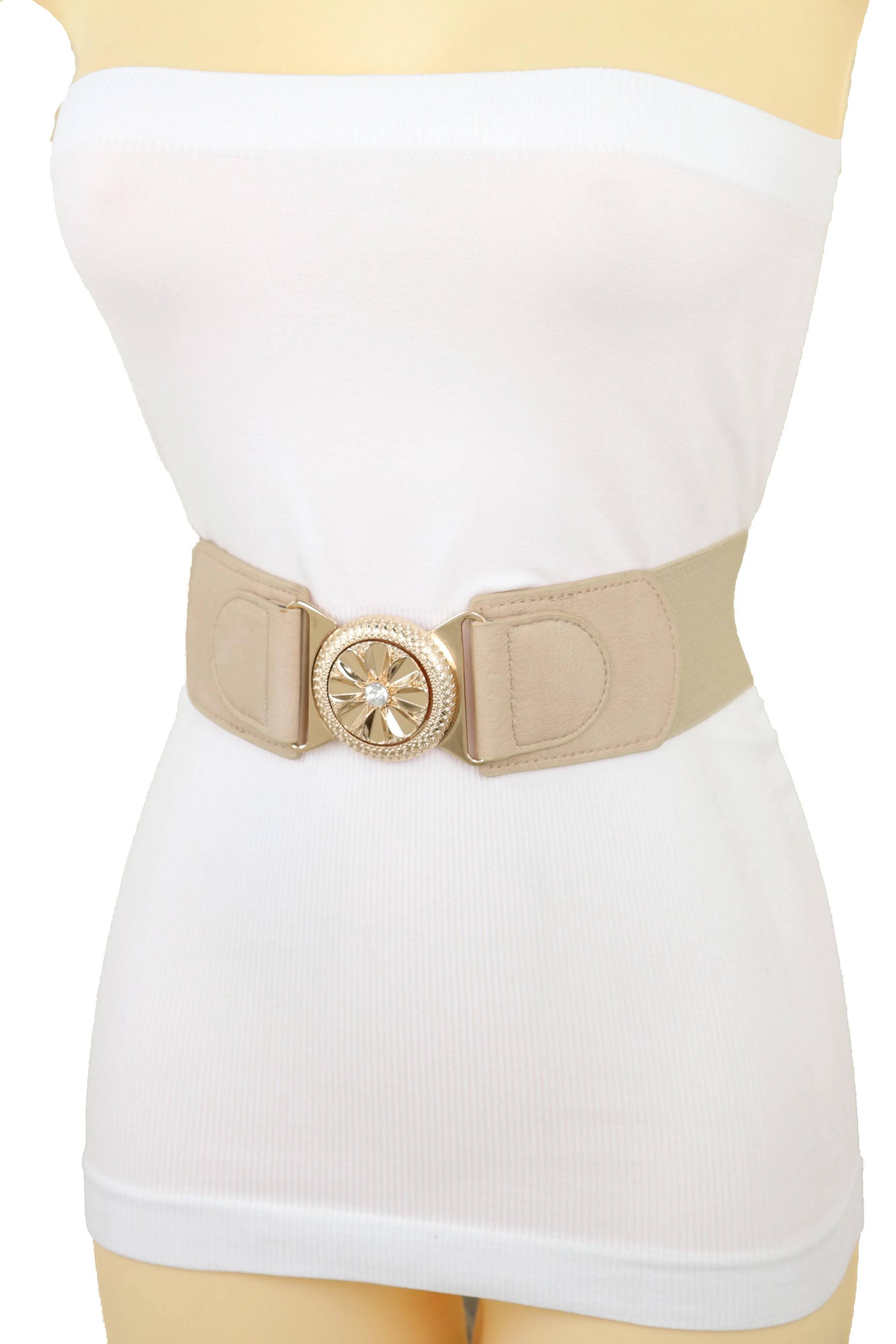 Beige Elastic Fashion Belt Hip High Waist Gold Metal Flower Buckle Fit S M