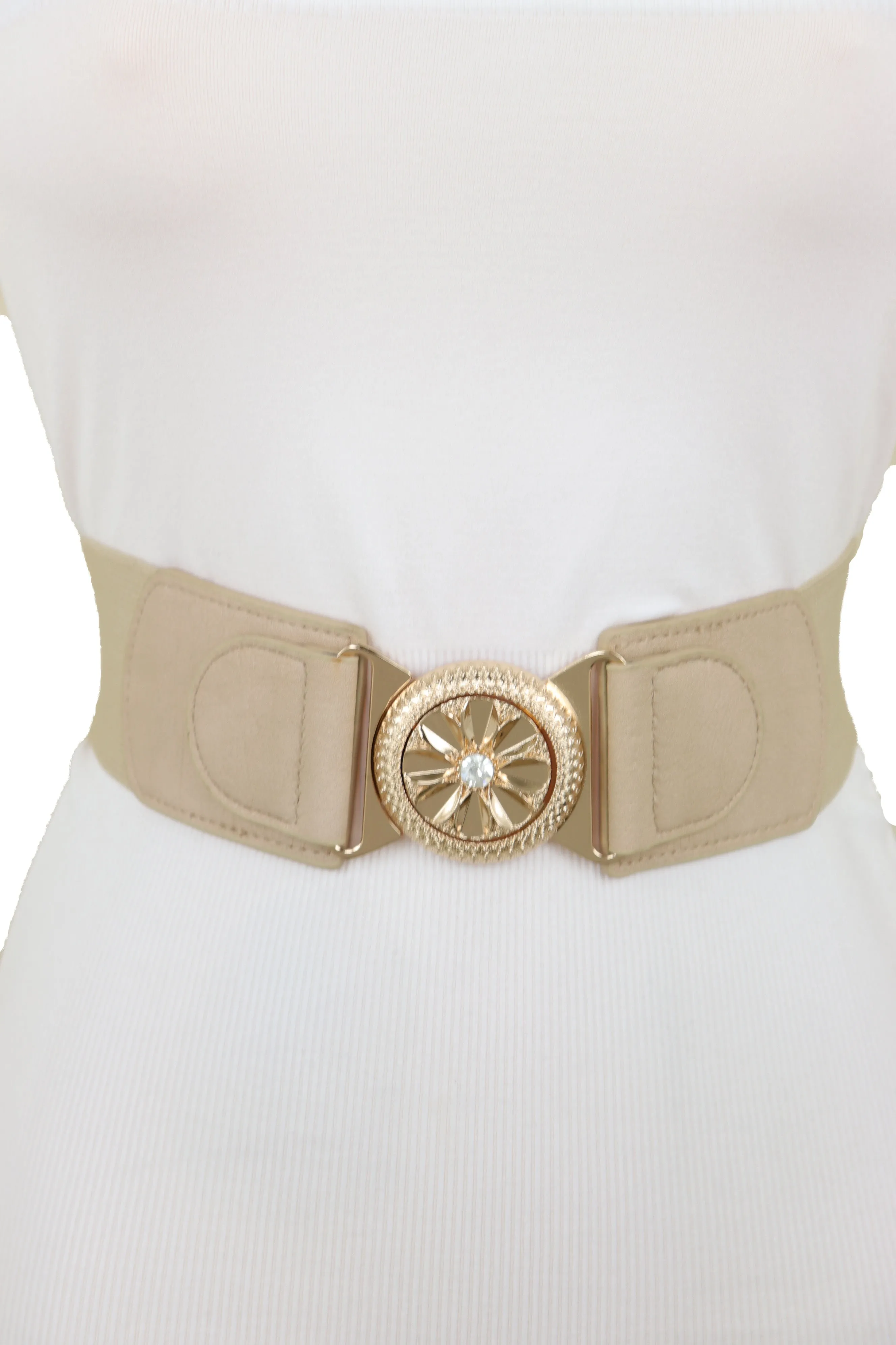 Beige Elastic Fashion Belt Hip High Waist Gold Metal Flower Buckle Fit S M