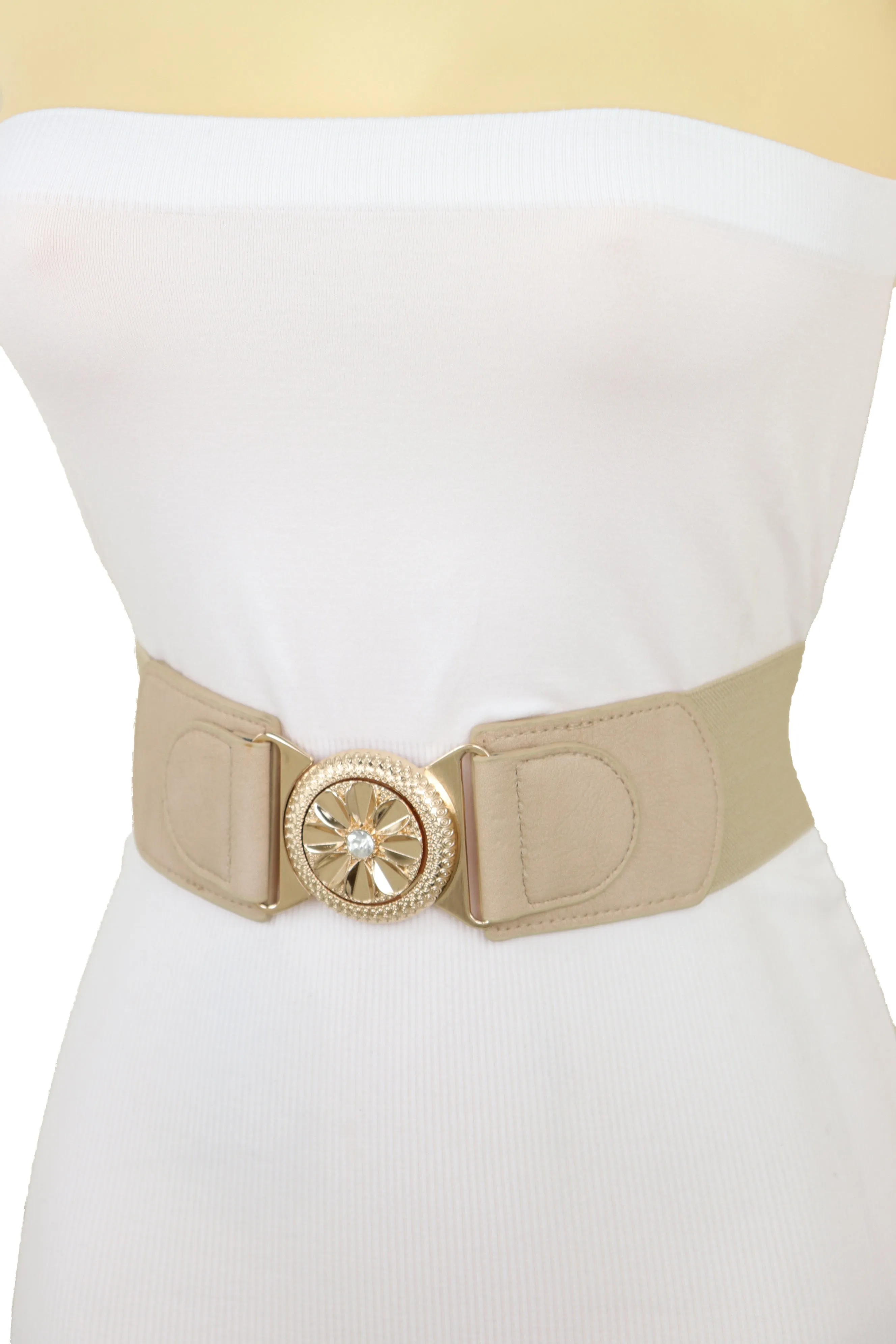 Beige Elastic Fashion Belt Hip High Waist Gold Metal Flower Buckle Fit S M