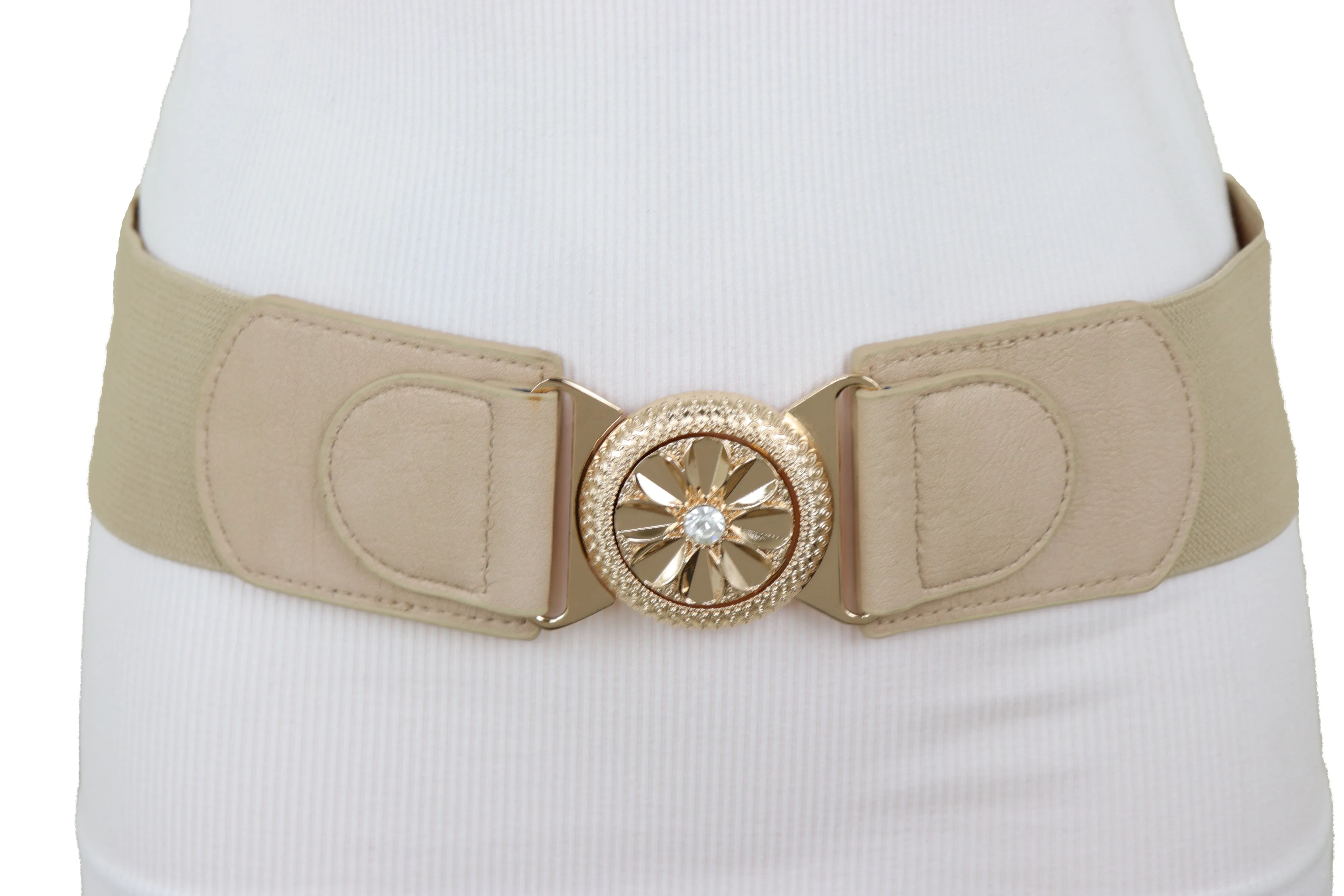 Beige Elastic Fashion Belt Hip High Waist Gold Metal Flower Buckle Fit S M