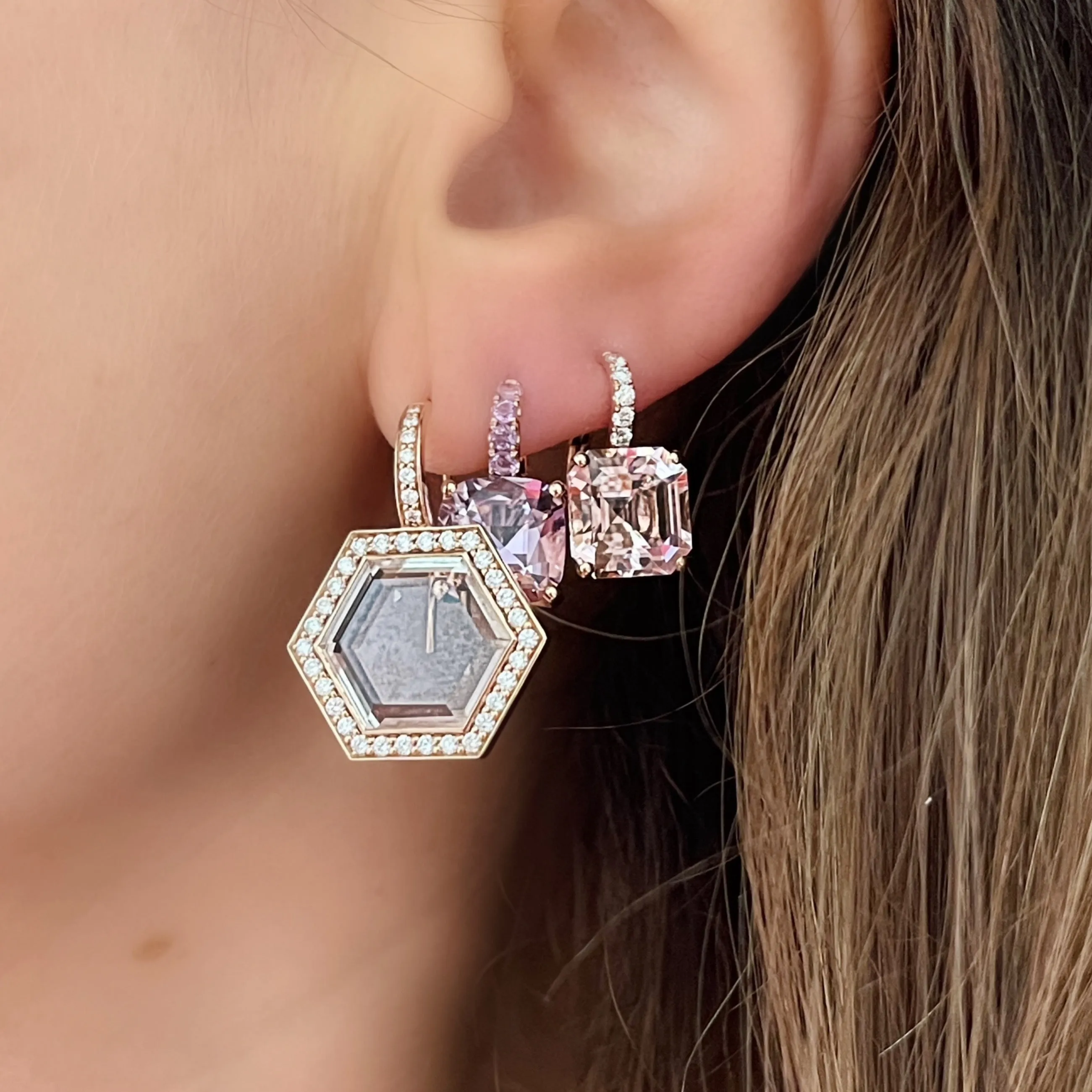 Bell Diamond and Rock Crystal Hexagon Drop Earrings