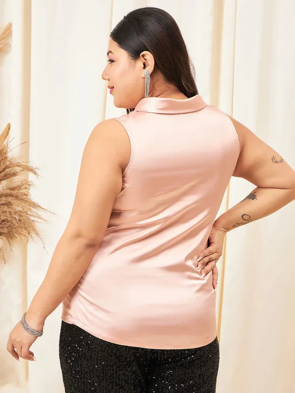 Berrylush Curve Pink Solid V-Neck Sleeveless Regular Wrap Top