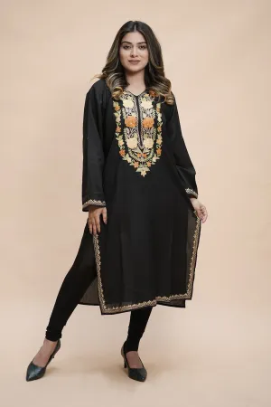 Black Colour Cotton Kurti With Kashmiri Motifs With Latest Fashion Trend.