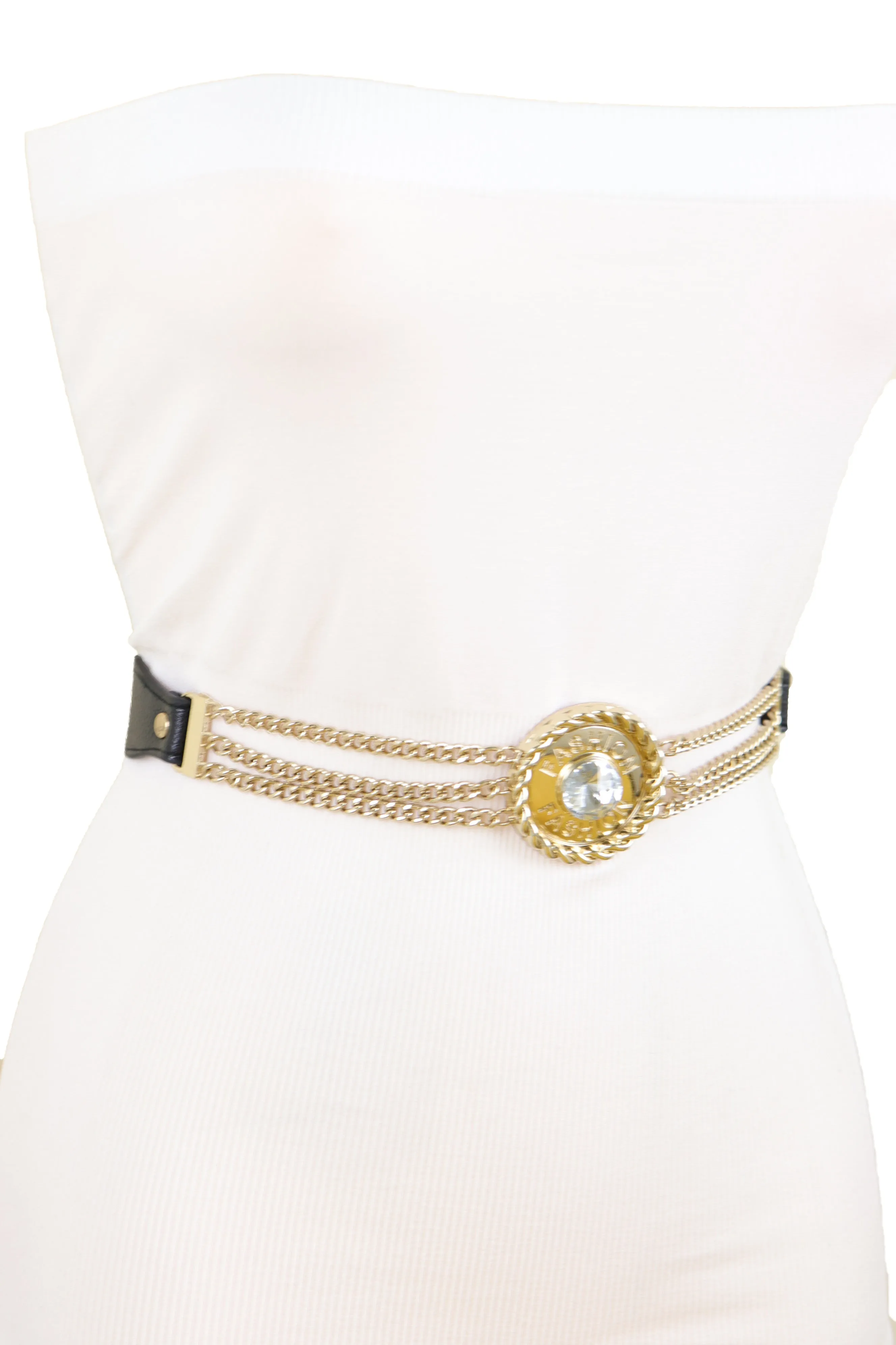 Black Elastic Waistband Belt Gold Metal Chain Fashion Bling Charm Size S M