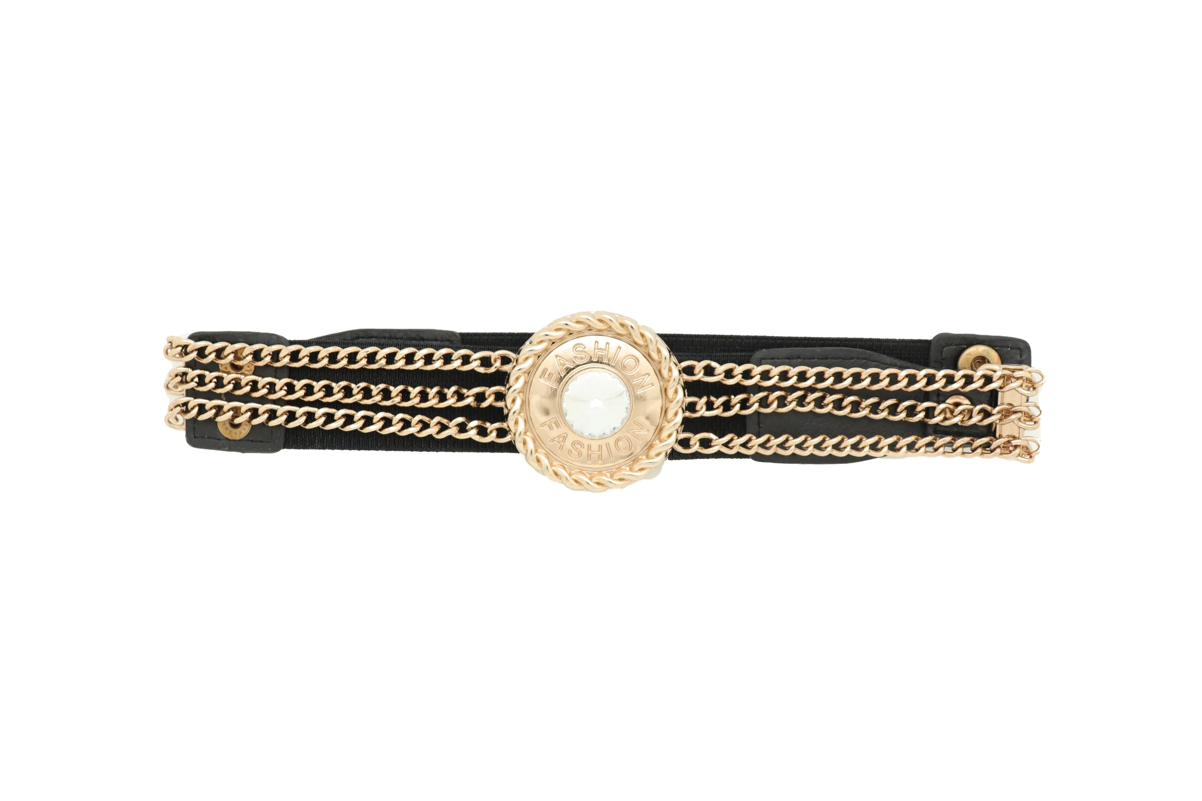 Black Elastic Waistband Belt Gold Metal Chain Fashion Bling Charm Size S M