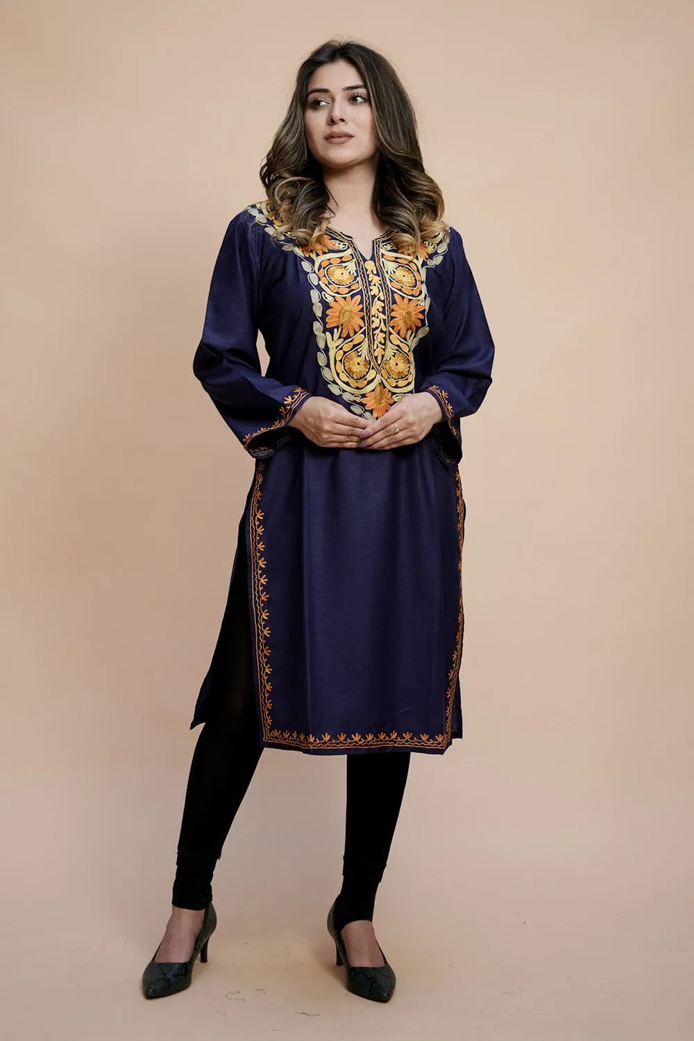 Blue Colour Cotton Kurti With Kashmiri Motifs With Latest Fashion Trend.