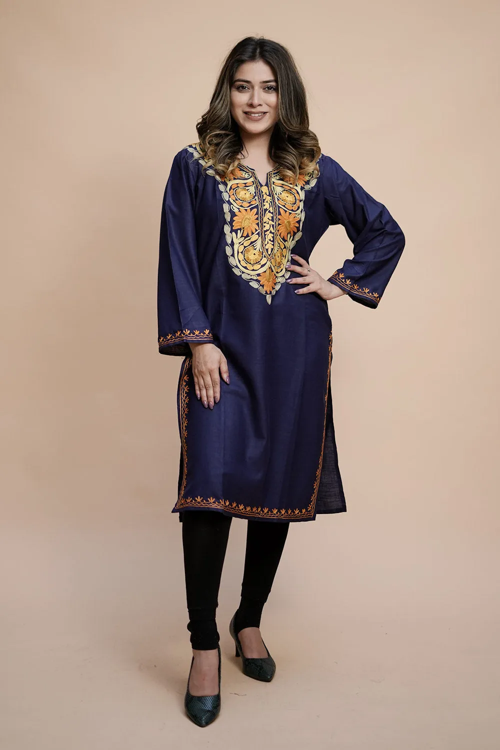 Blue Colour Cotton Kurti With Kashmiri Motifs With Latest Fashion Trend.