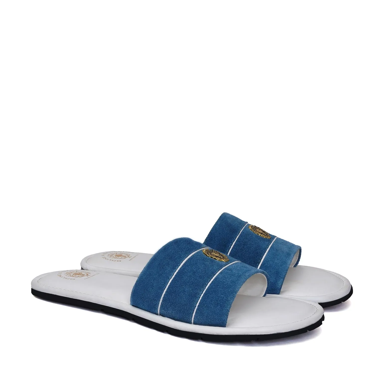 Blue Suede Strap White Leather Slide-in Slippers