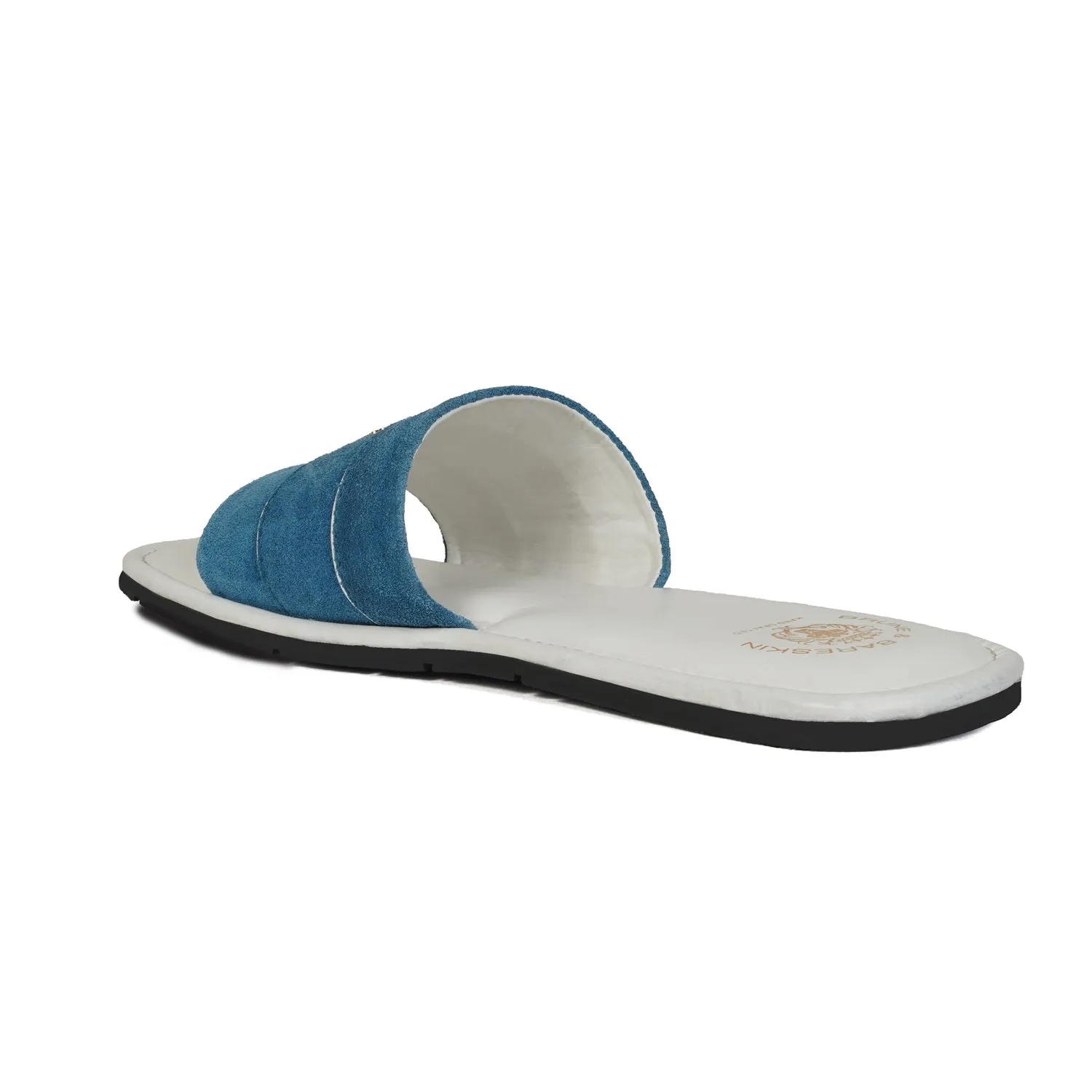 Blue Suede Strap White Leather Slide-in Slippers