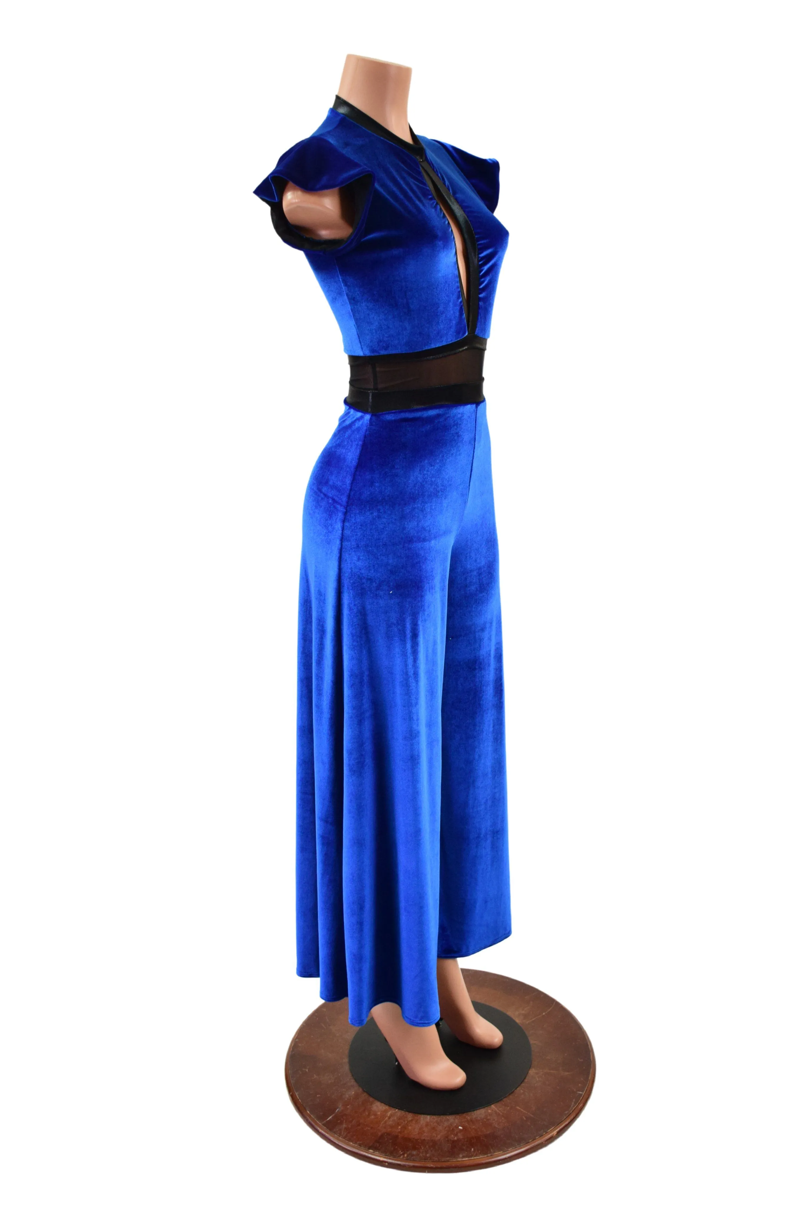 Blue Velvet Wide Leg Jumpsuit with Mesh Waist Panel