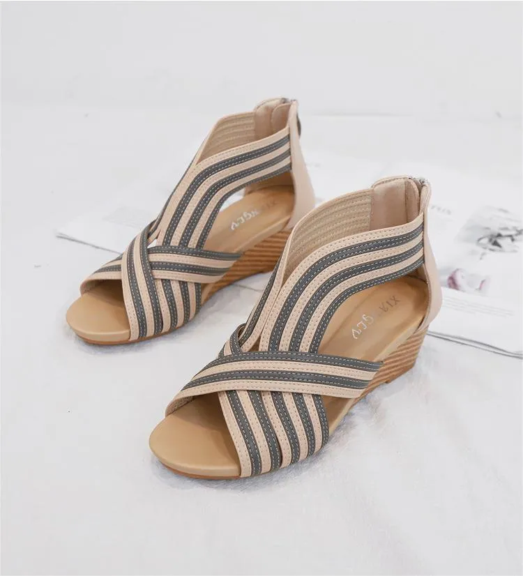 Bohemian Color Block Leather Wedge Sandals