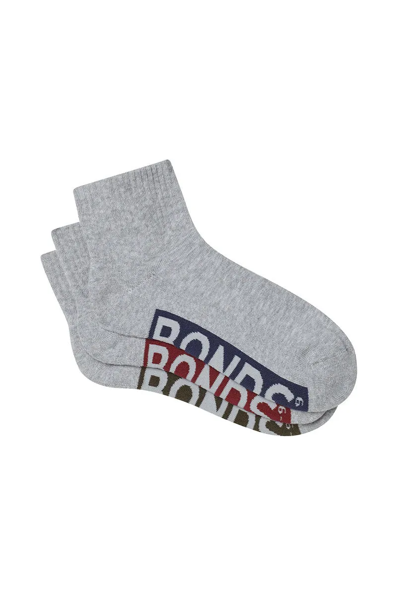 Bonds Mens Logo Cushioned Quarter Crew Socks 3 Pack - Grey Fashion