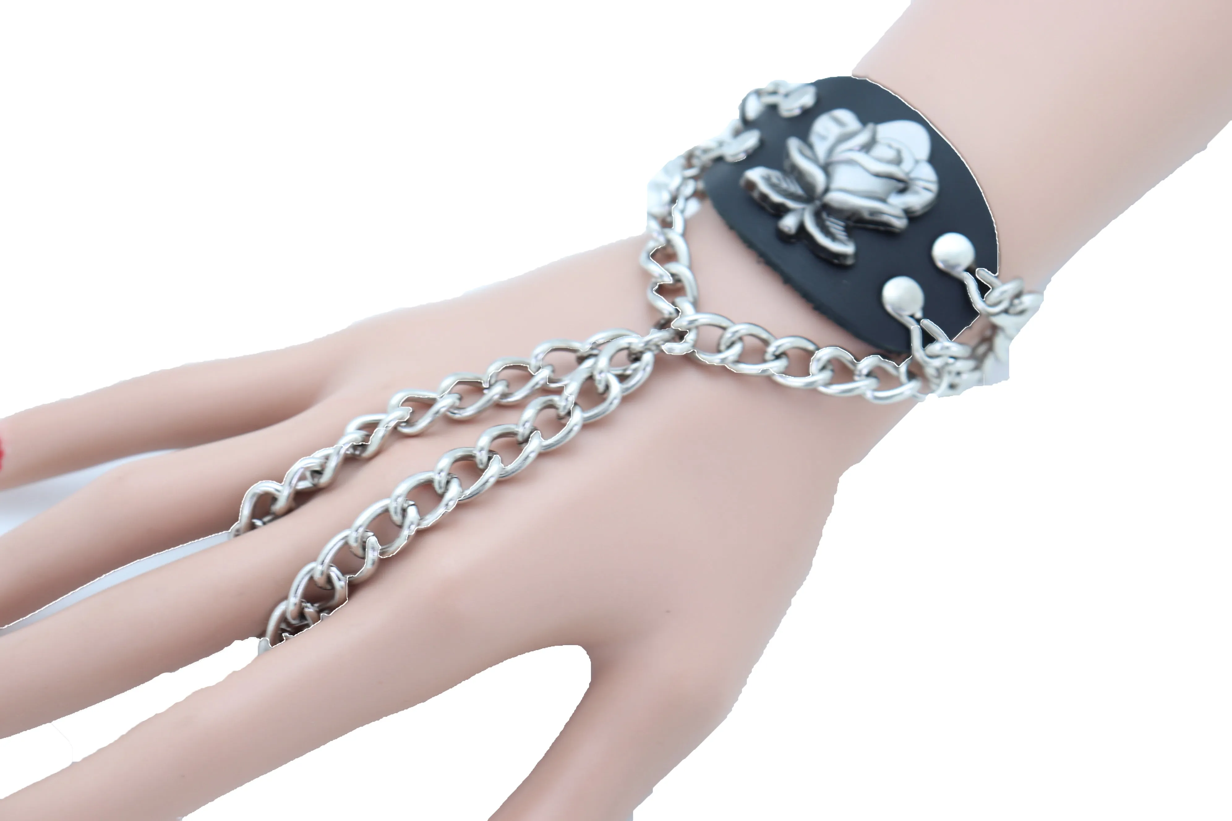 Bracelet Silver Metal Hand Chain Rose Flower Charm Biker