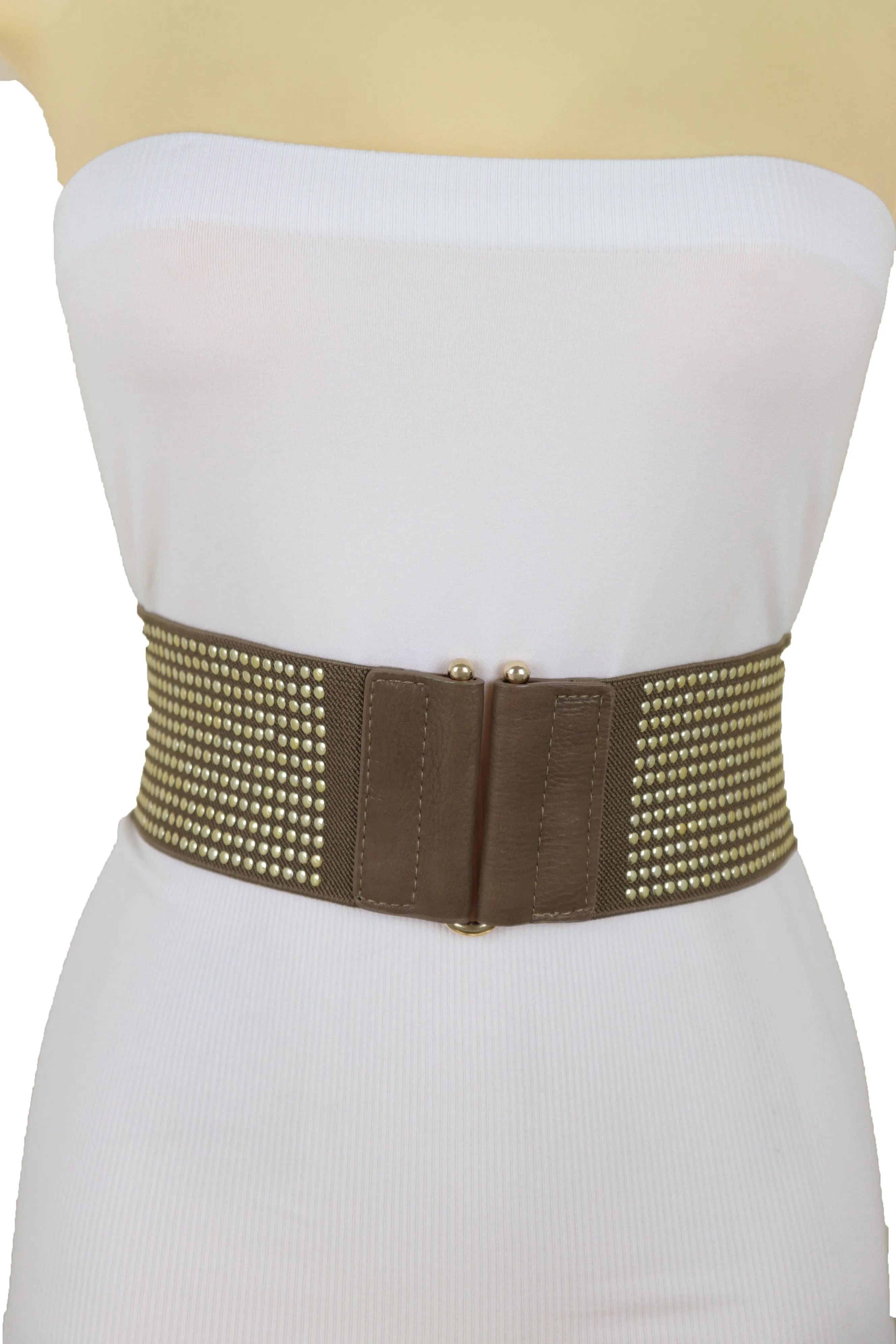 Brown Elastic Waistband Fashion Belt High Waist Hip Metal Dots Size S M