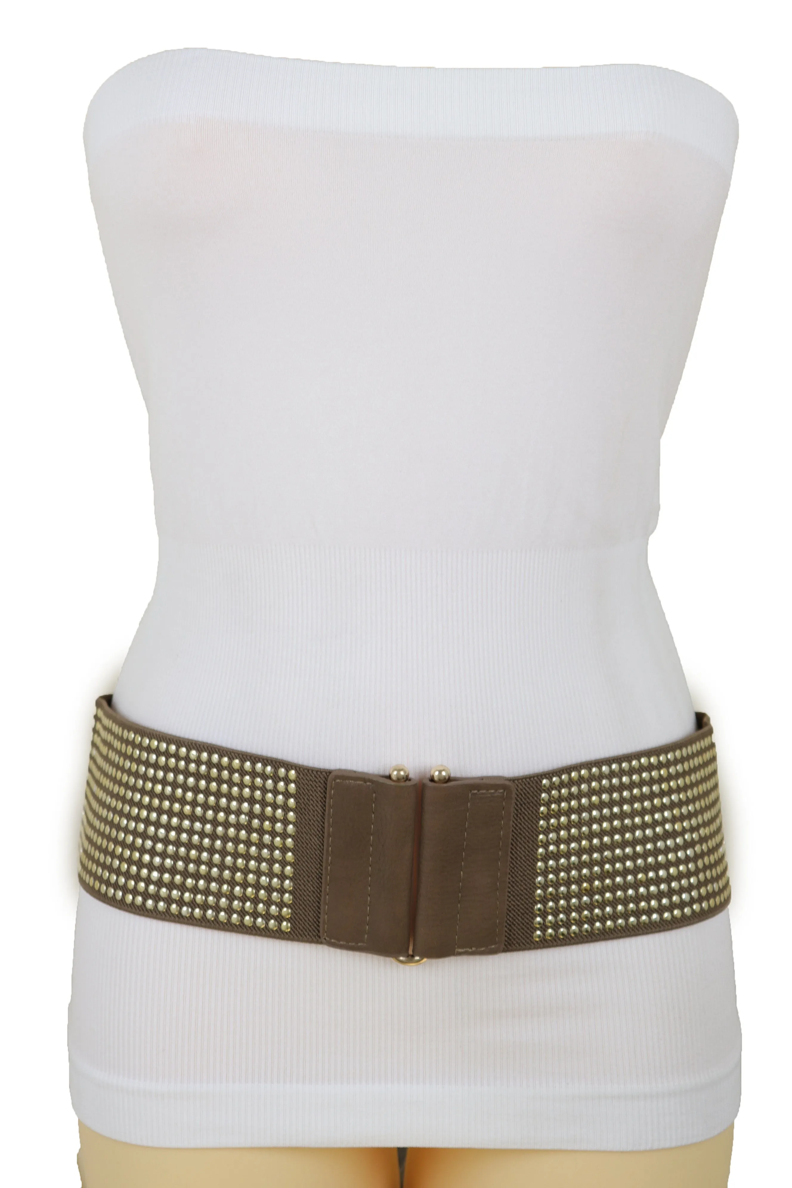 Brown Elastic Waistband Fashion Belt High Waist Hip Metal Dots Size S M