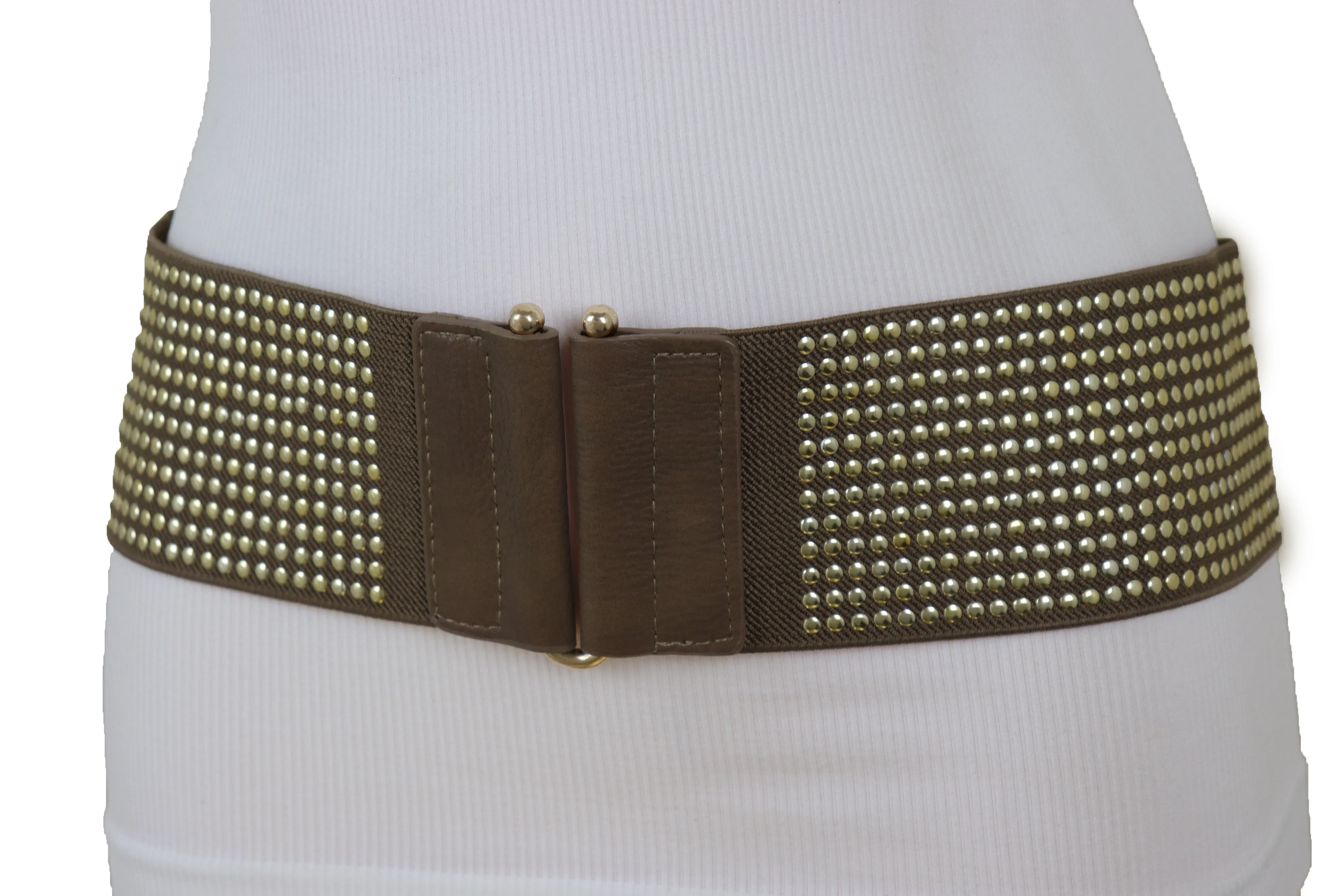 Brown Elastic Waistband Fashion Belt High Waist Hip Metal Dots Size S M