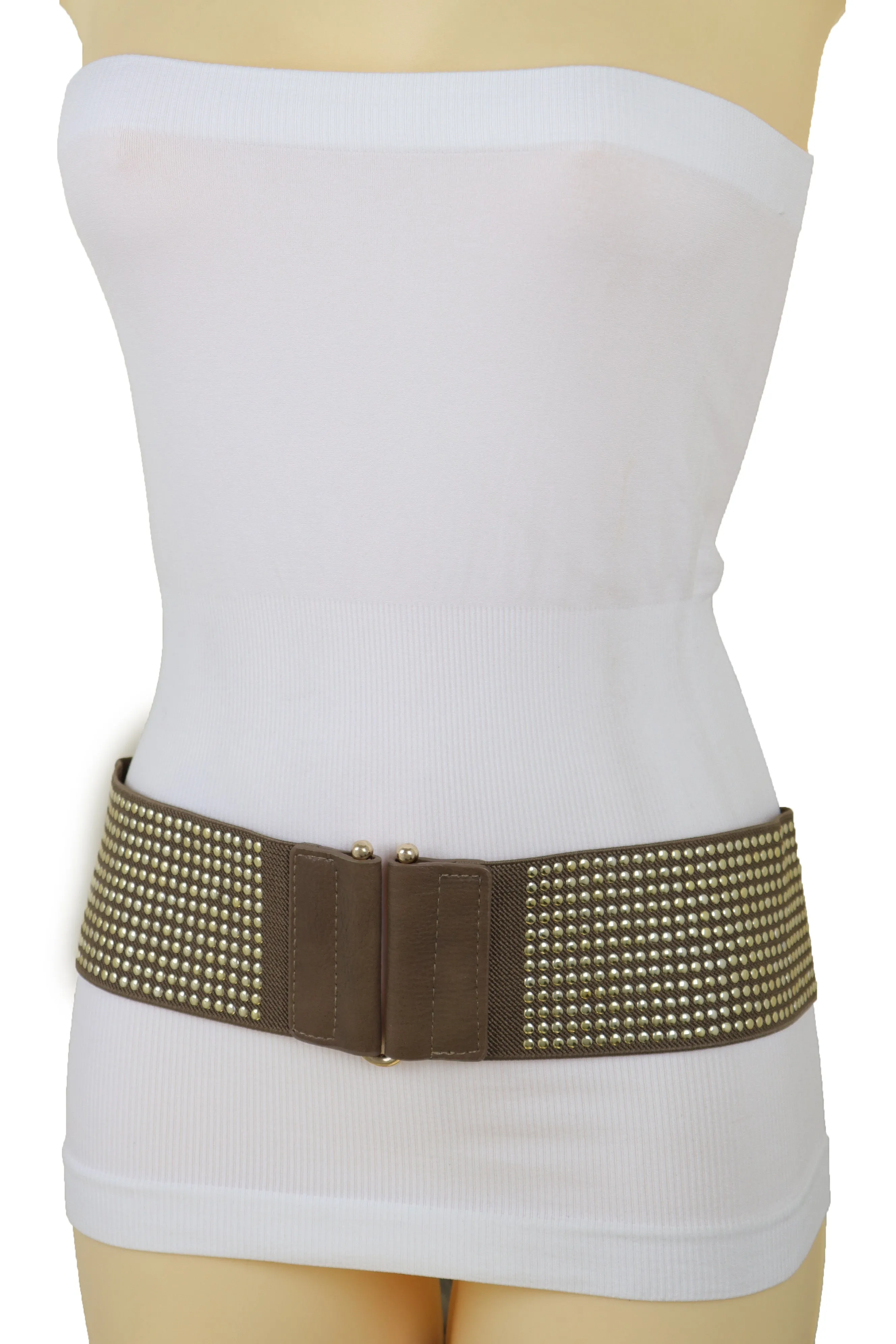 Brown Elastic Waistband Fashion Belt High Waist Hip Metal Dots Size S M