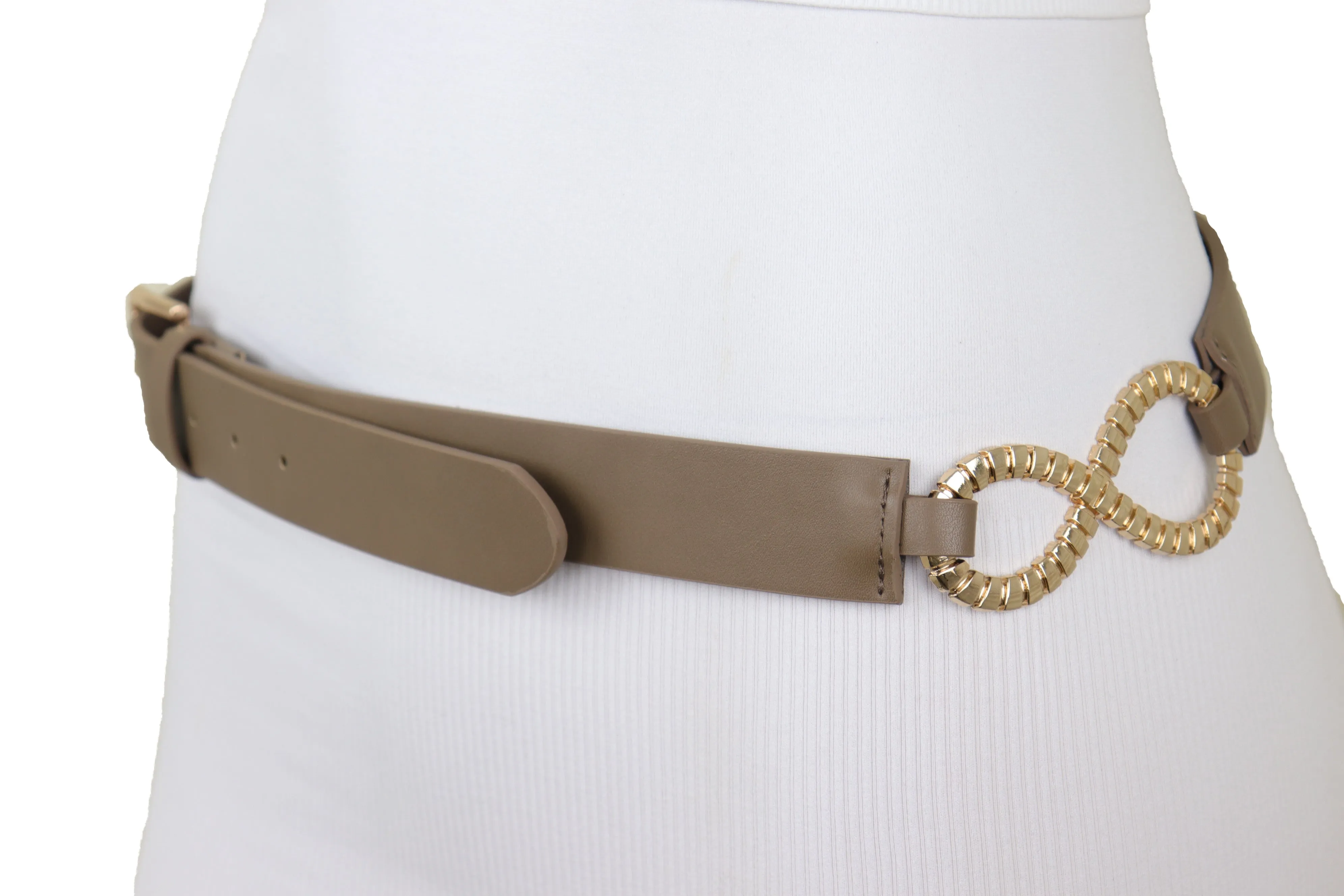 Brown Taupe Faux Leather Fashion Belt Gold Metal Buckle Infinity Charm S M