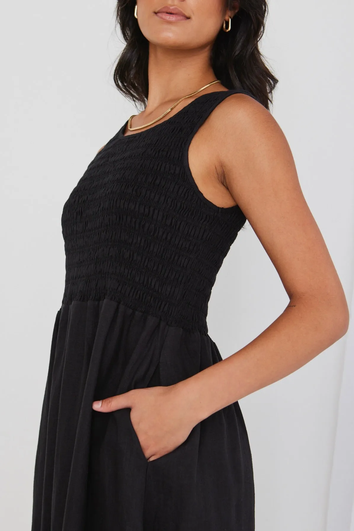 Bryar Black Linen Sleeveless Empire Midi Dress