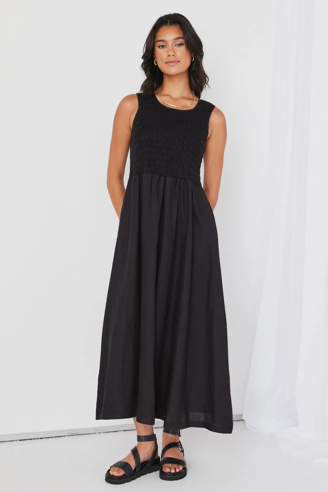 Bryar Black Linen Sleeveless Empire Midi Dress