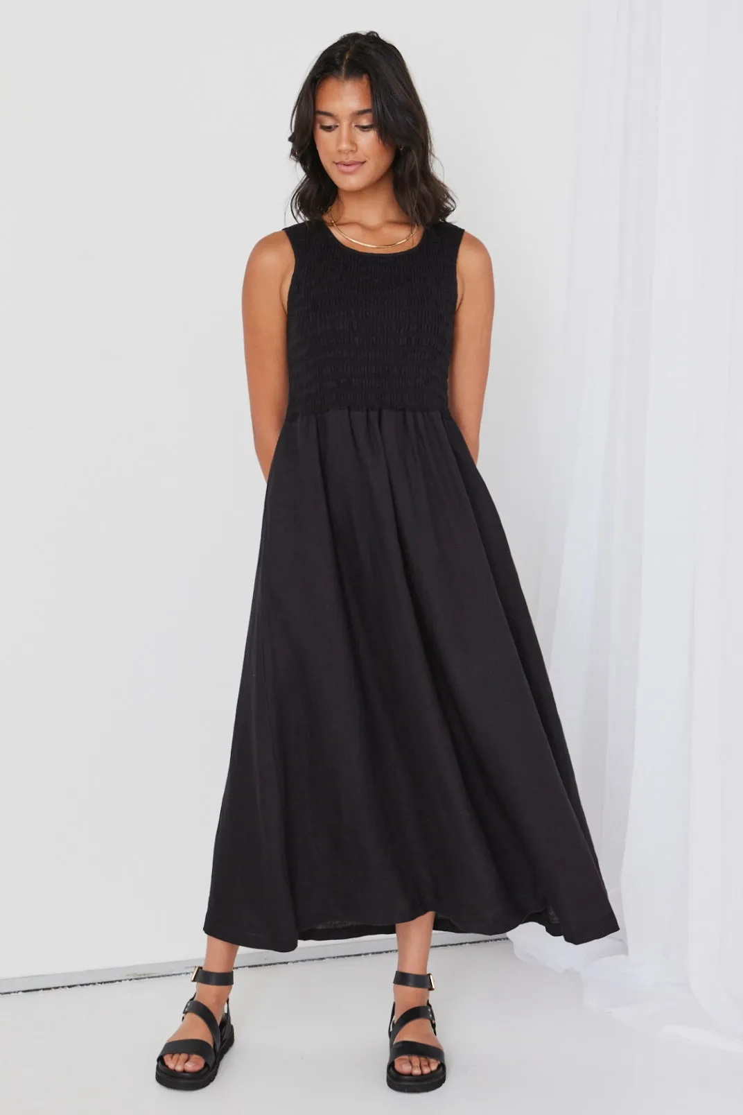 Bryar Black Linen Sleeveless Empire Midi Dress