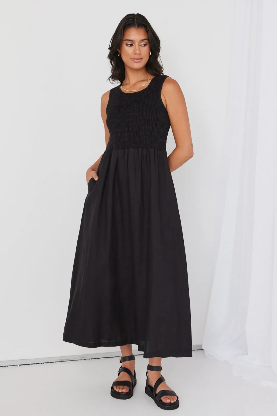 Bryar Black Linen Sleeveless Empire Midi Dress