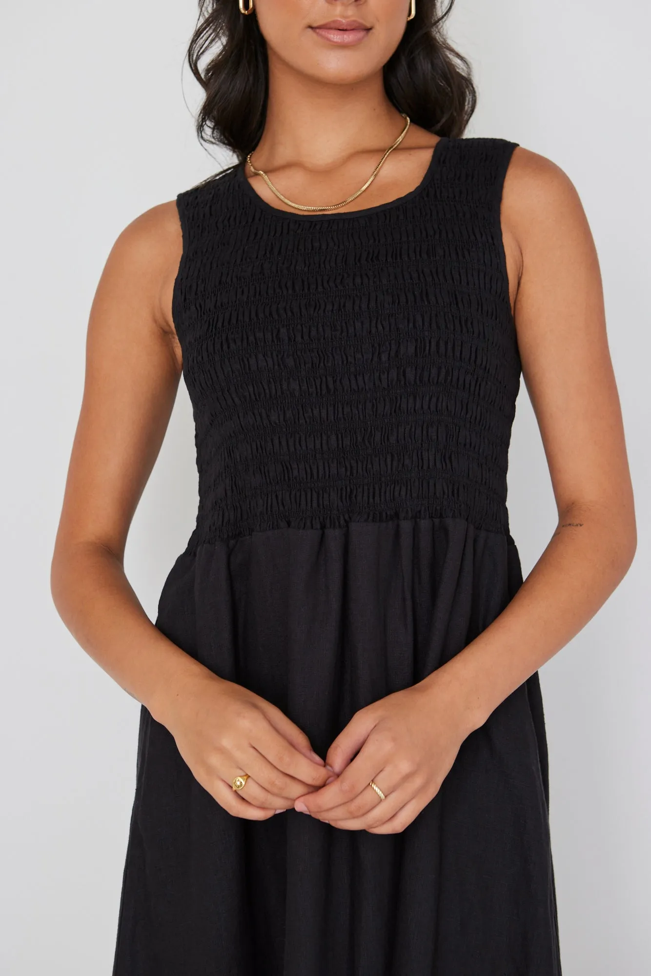 Bryar Black Linen Sleeveless Empire Midi Dress