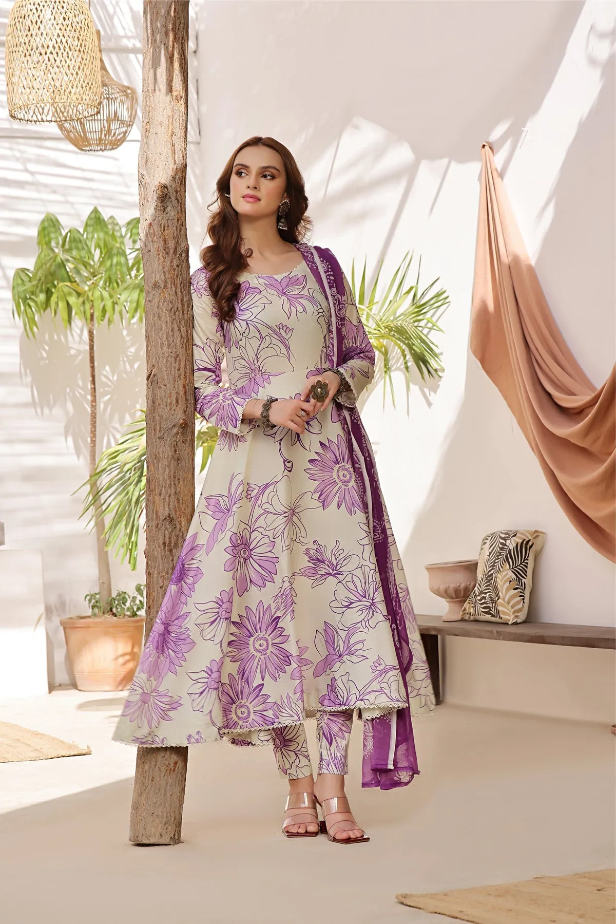 CAMELLIA-FT411 Unstitched 3pc (Cream   Purple)