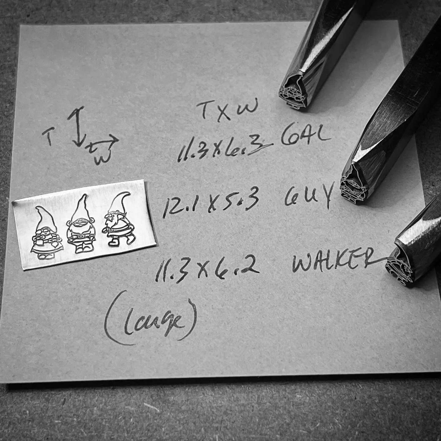 Camille's Gnomes! Three Designs. Three Sizes. Two directions. Engraved Metal Hand Stamp.