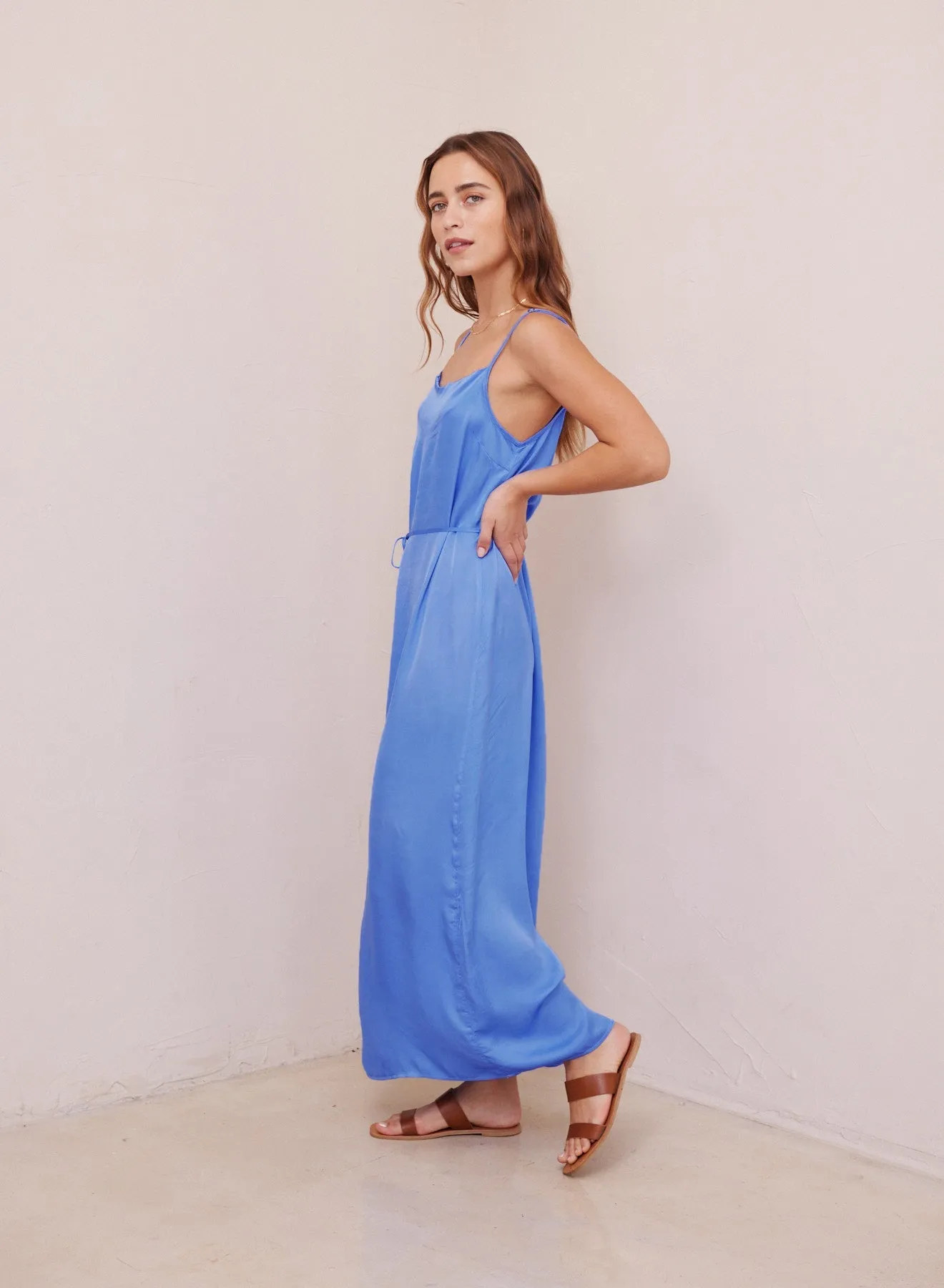 Cowl Neck Satin Maxi Dress - Bahama Blue