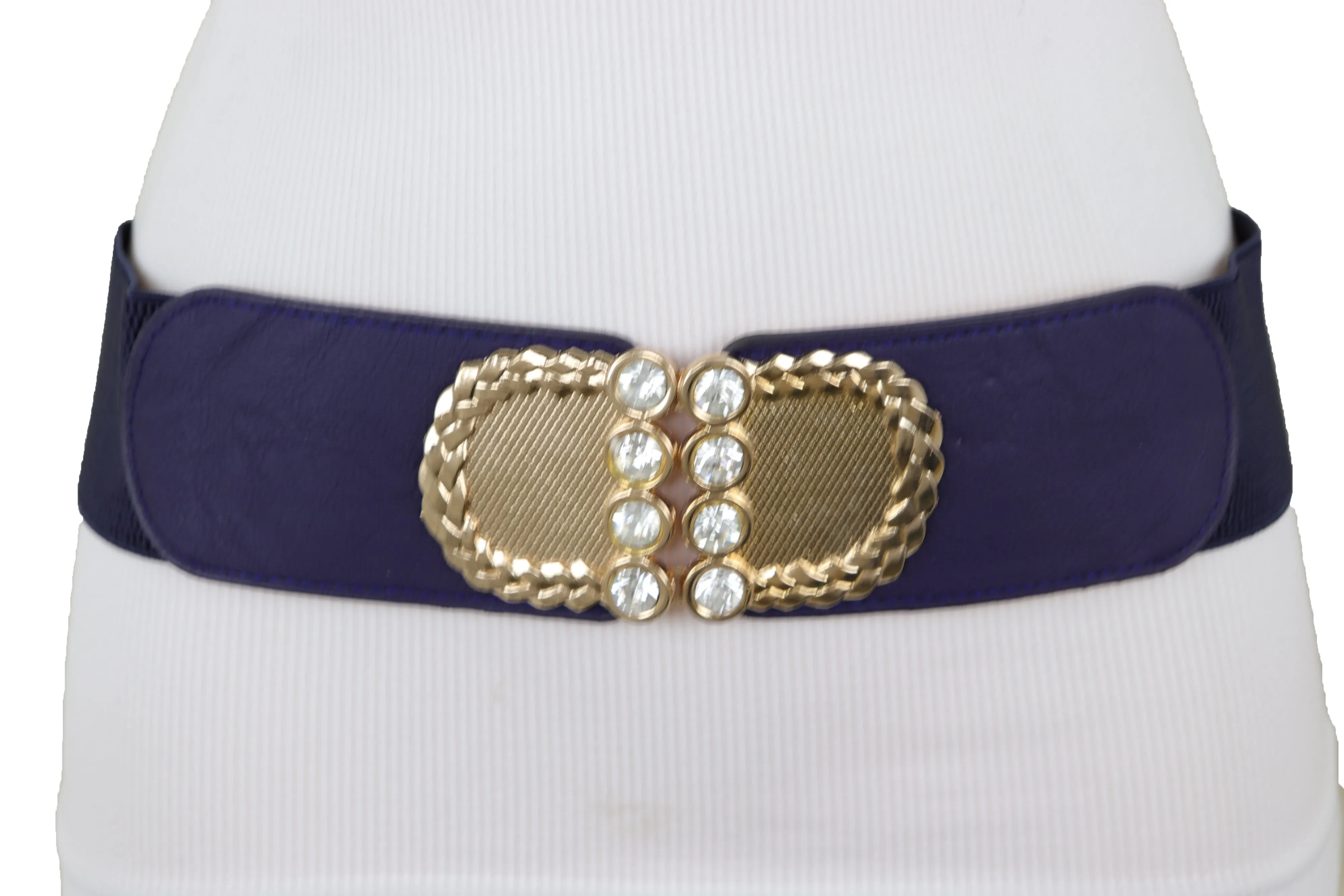 Dark Blue Elastic Belt Gold Metal Buckle Size S M