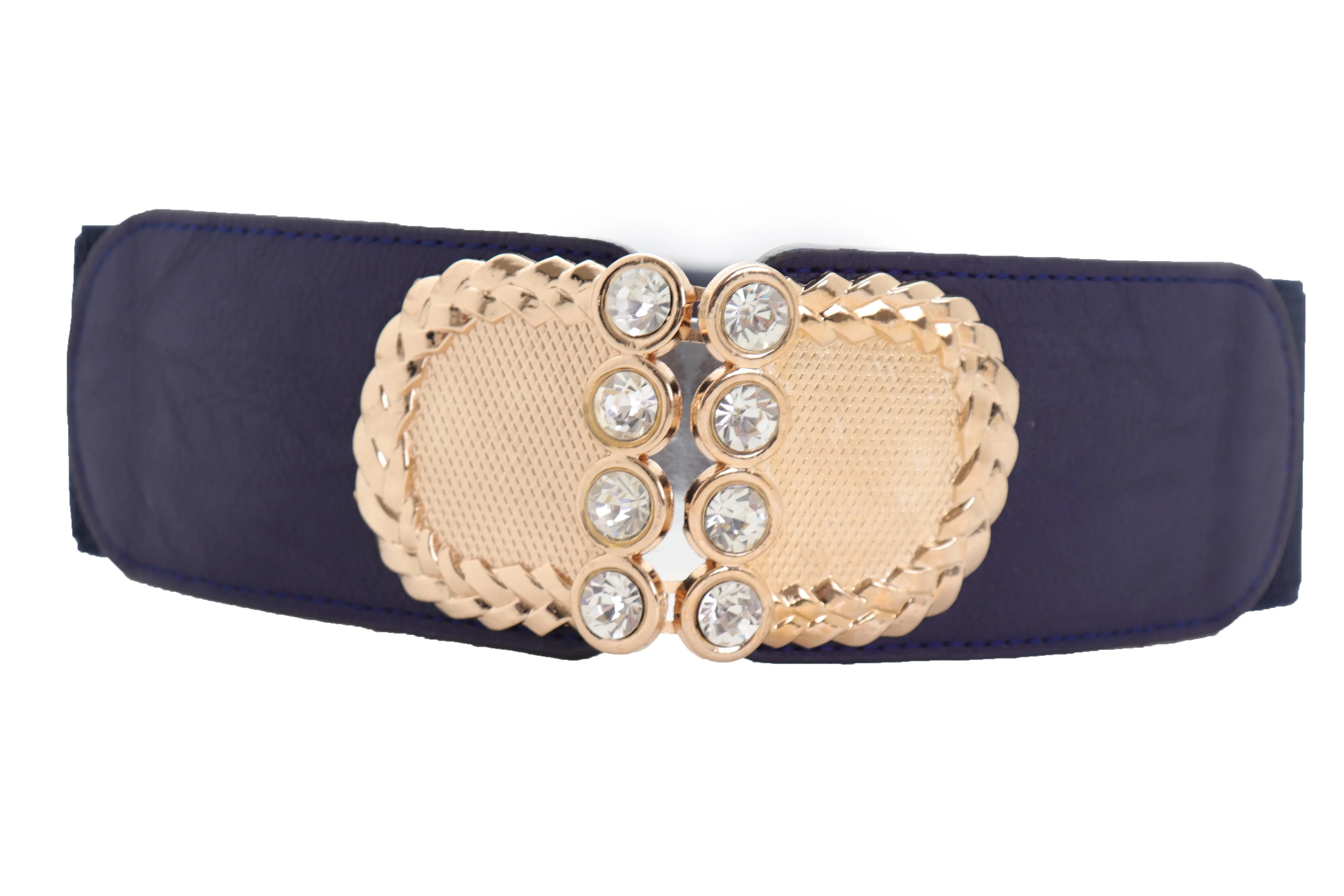 Dark Blue Elastic Belt Gold Metal Buckle Size S M