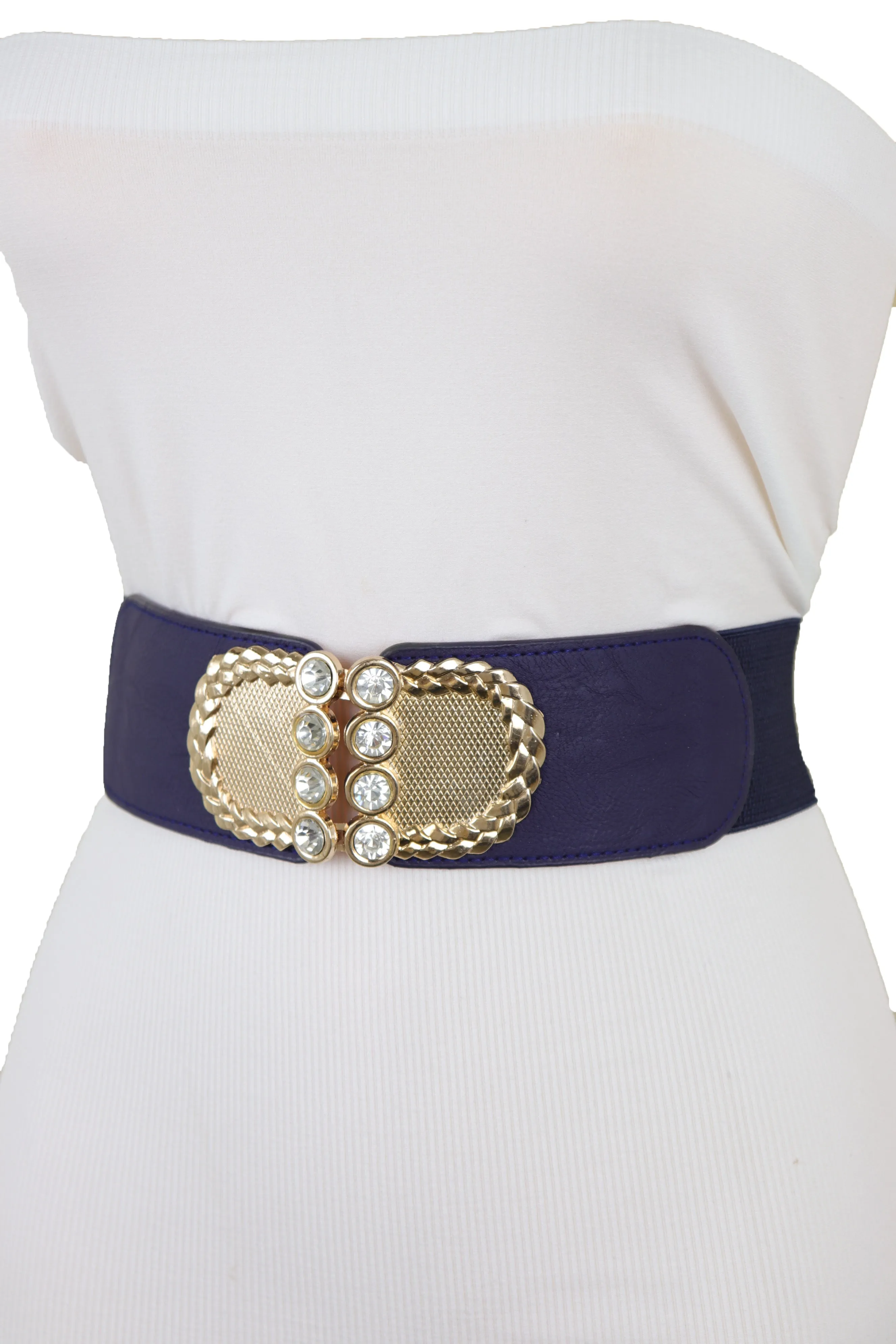 Dark Blue Elastic Belt Gold Metal Buckle Size S M