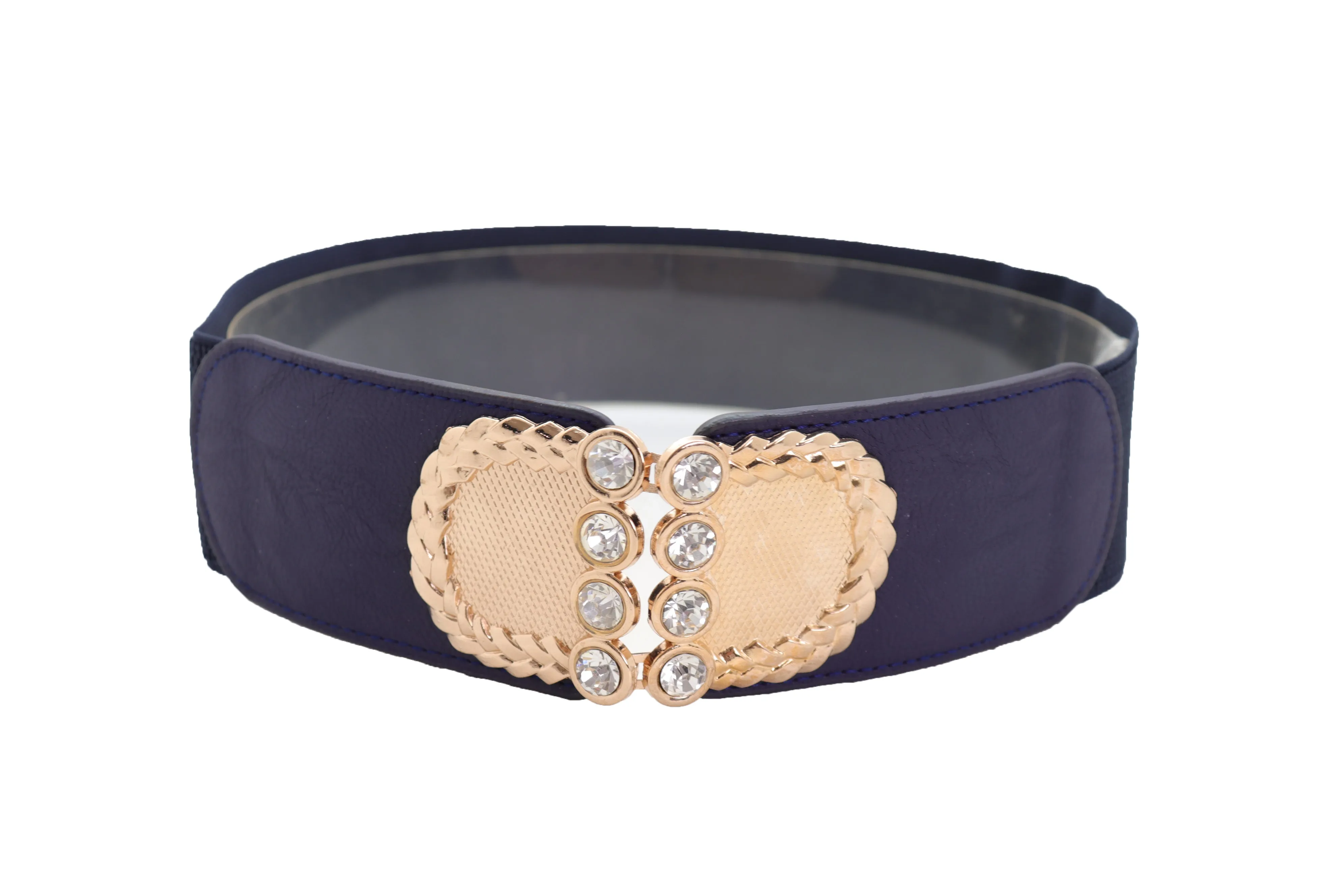 Dark Blue Elastic Belt Gold Metal Buckle Size S M