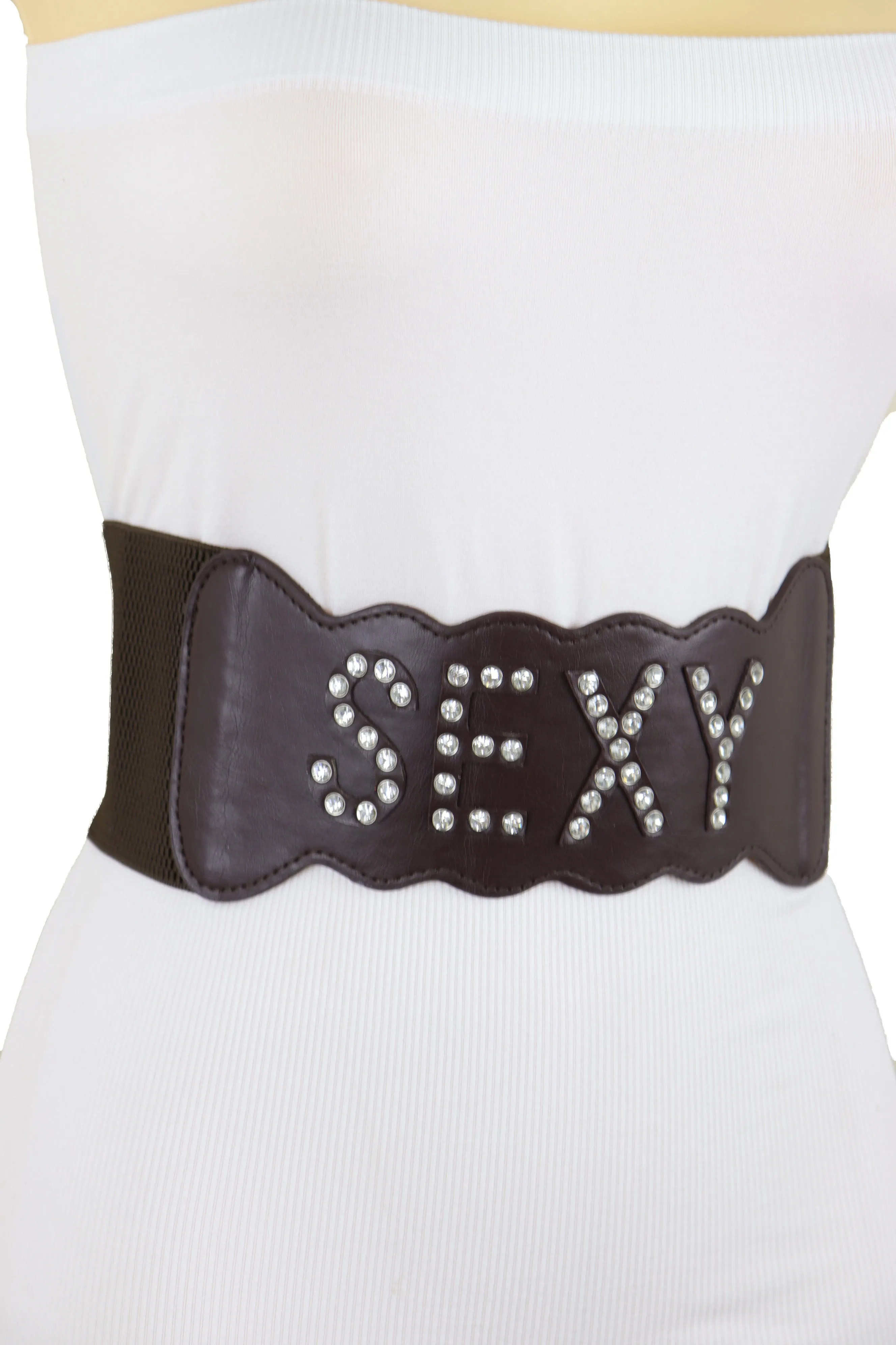 Dark Brown Elastic Wide Belt Hip High Waist Silver Bling SEXY Size S M