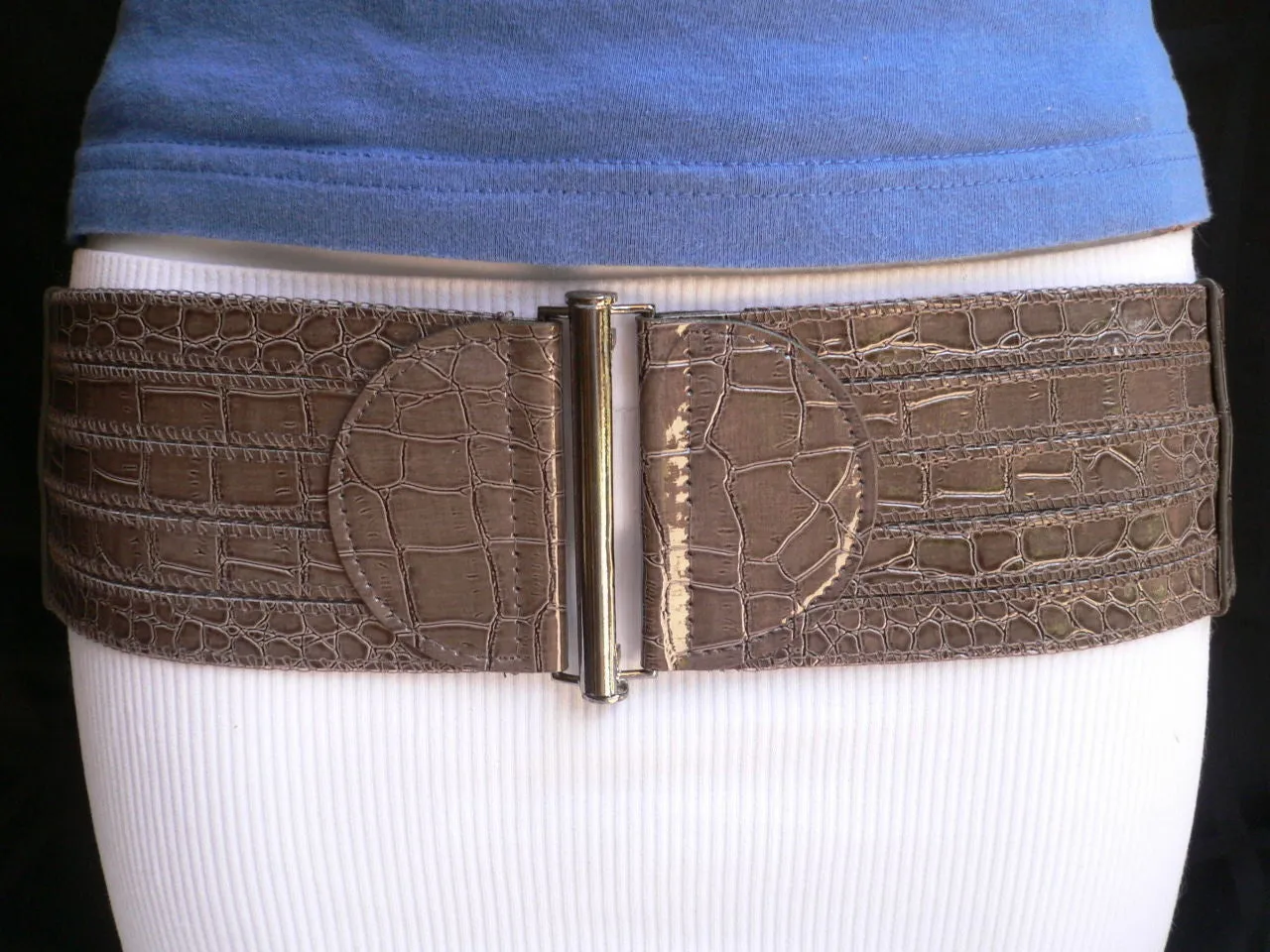 Dark Gray Faux Leather Crocodile Stamp Wide Belt Big Pewter Buckle Women XXS-M