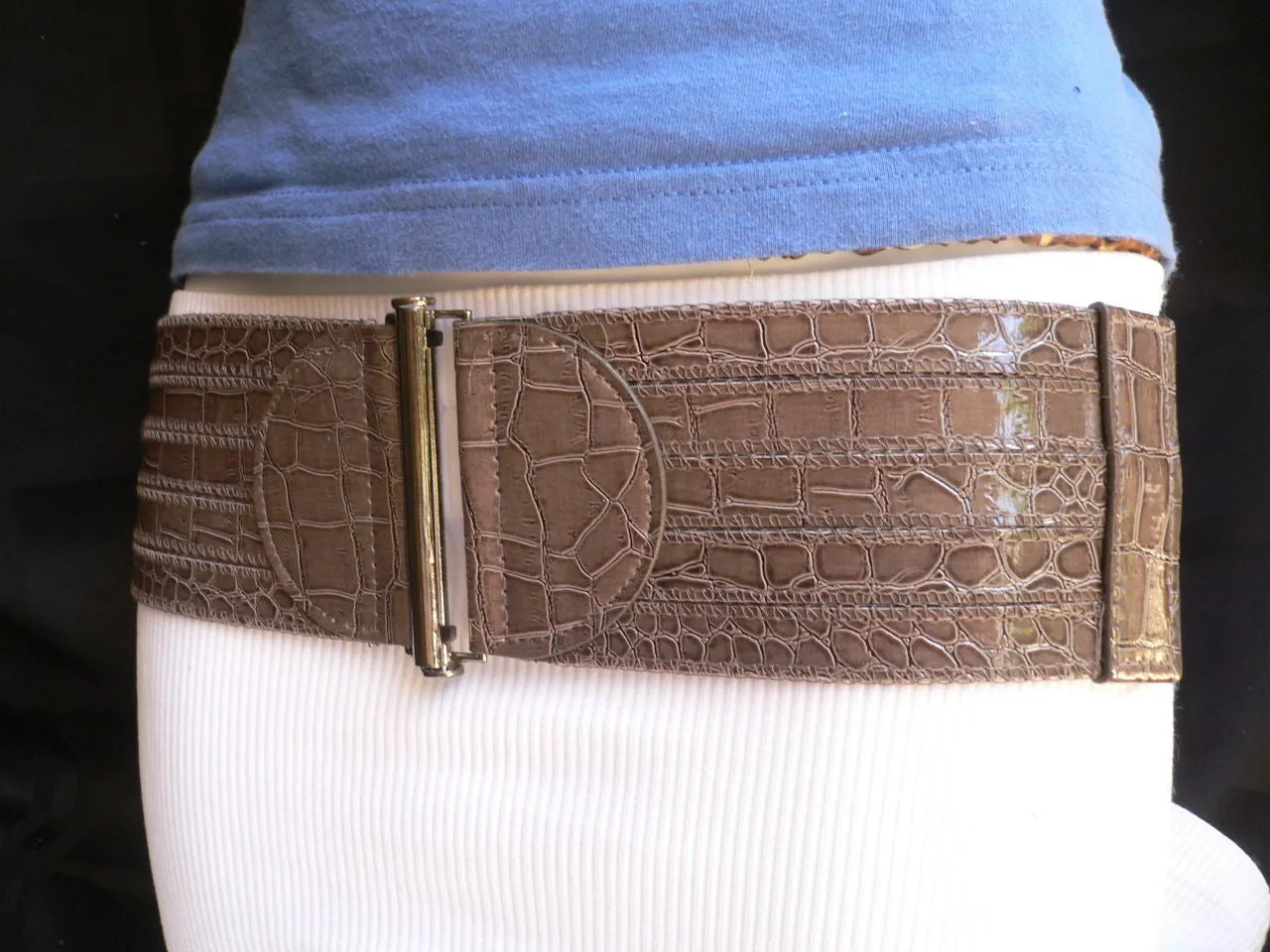 Dark Gray Faux Leather Crocodile Stamp Wide Belt Big Pewter Buckle Women XXS-M