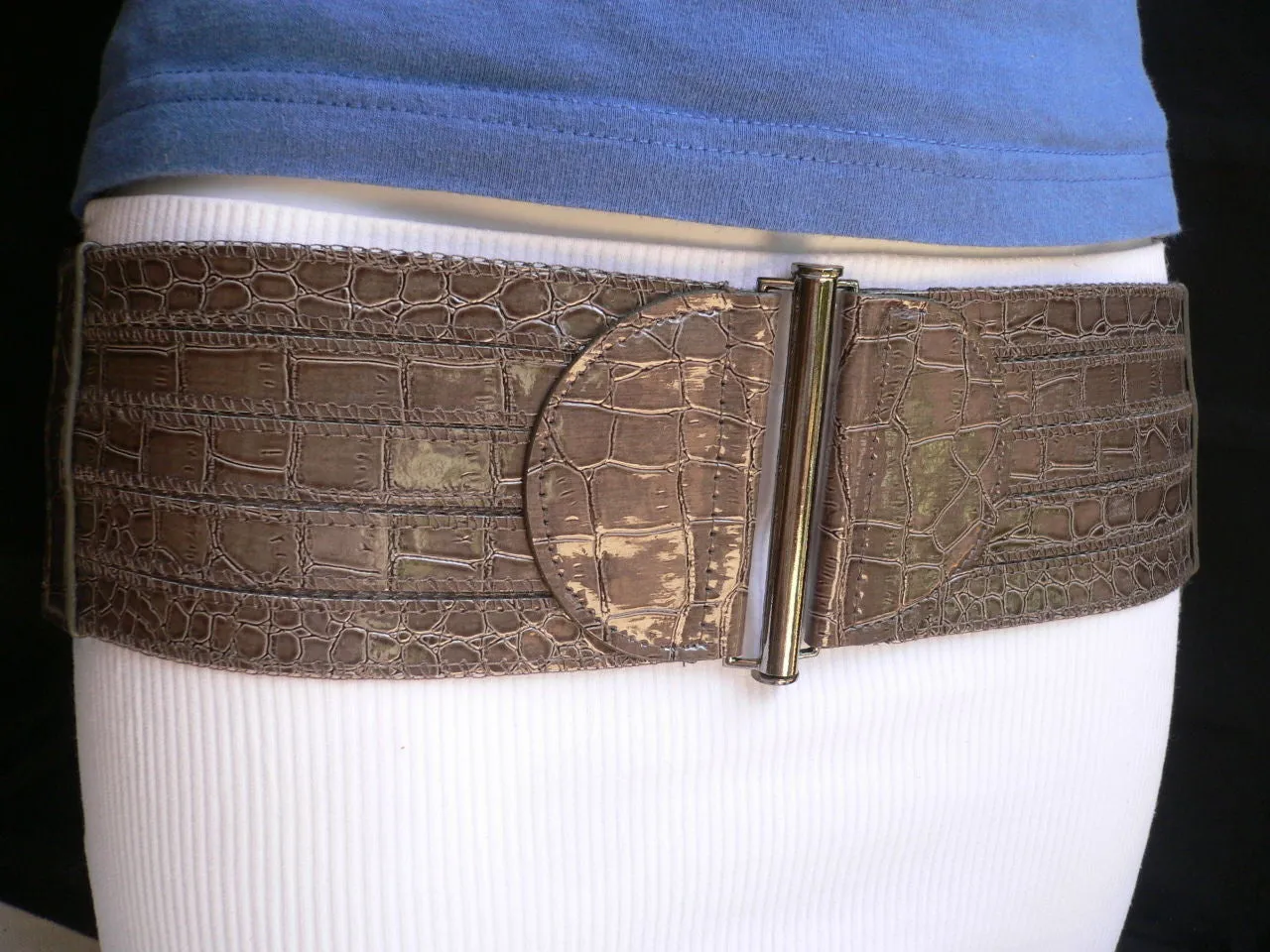 Dark Gray Faux Leather Crocodile Stamp Wide Belt Big Pewter Buckle Women XXS-M