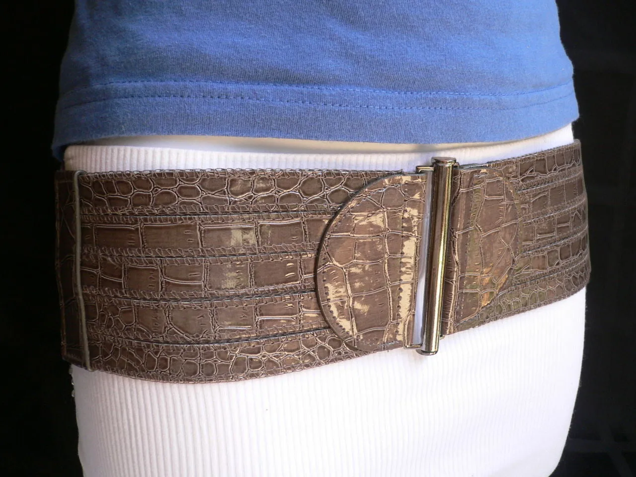 Dark Gray Faux Leather Crocodile Stamp Wide Belt Big Pewter Buckle Women XXS-M