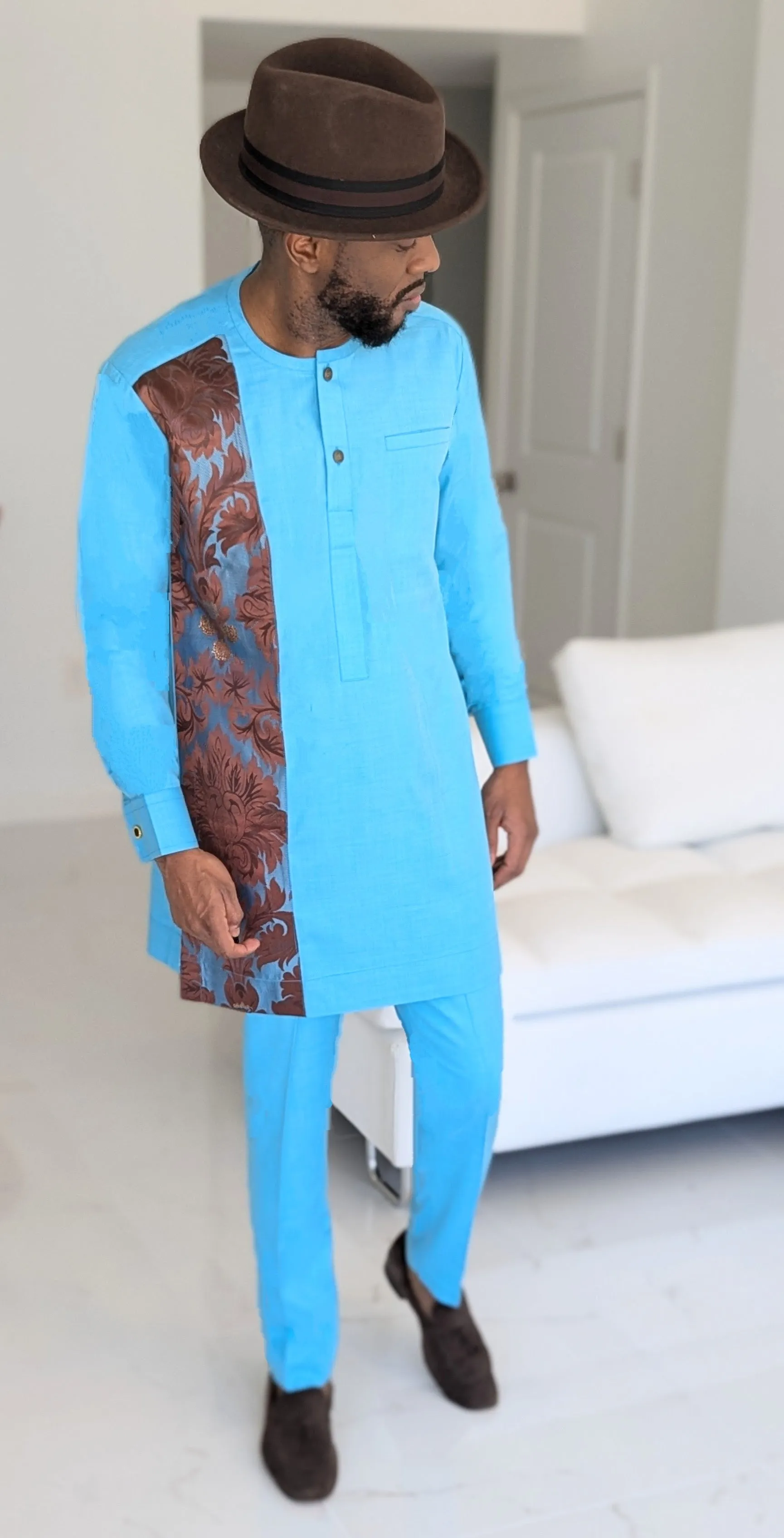 Dupsie's Jabi Luxe Turquoise-Blue with Brown Damask Long-sleeve Senator Dashiki Top and pants DPASTBBD3