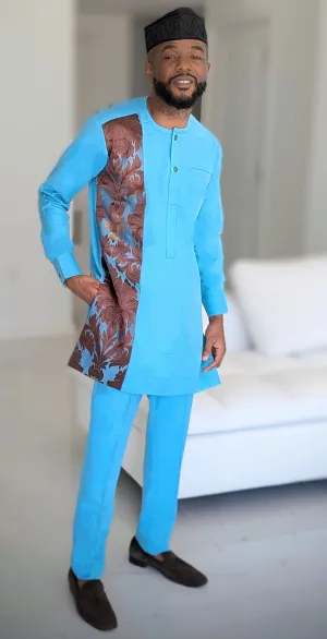 Dupsie's Jabi Luxe Turquoise-Blue with Brown Damask Long-sleeve Senator Dashiki Top and pants DPASTBBD3