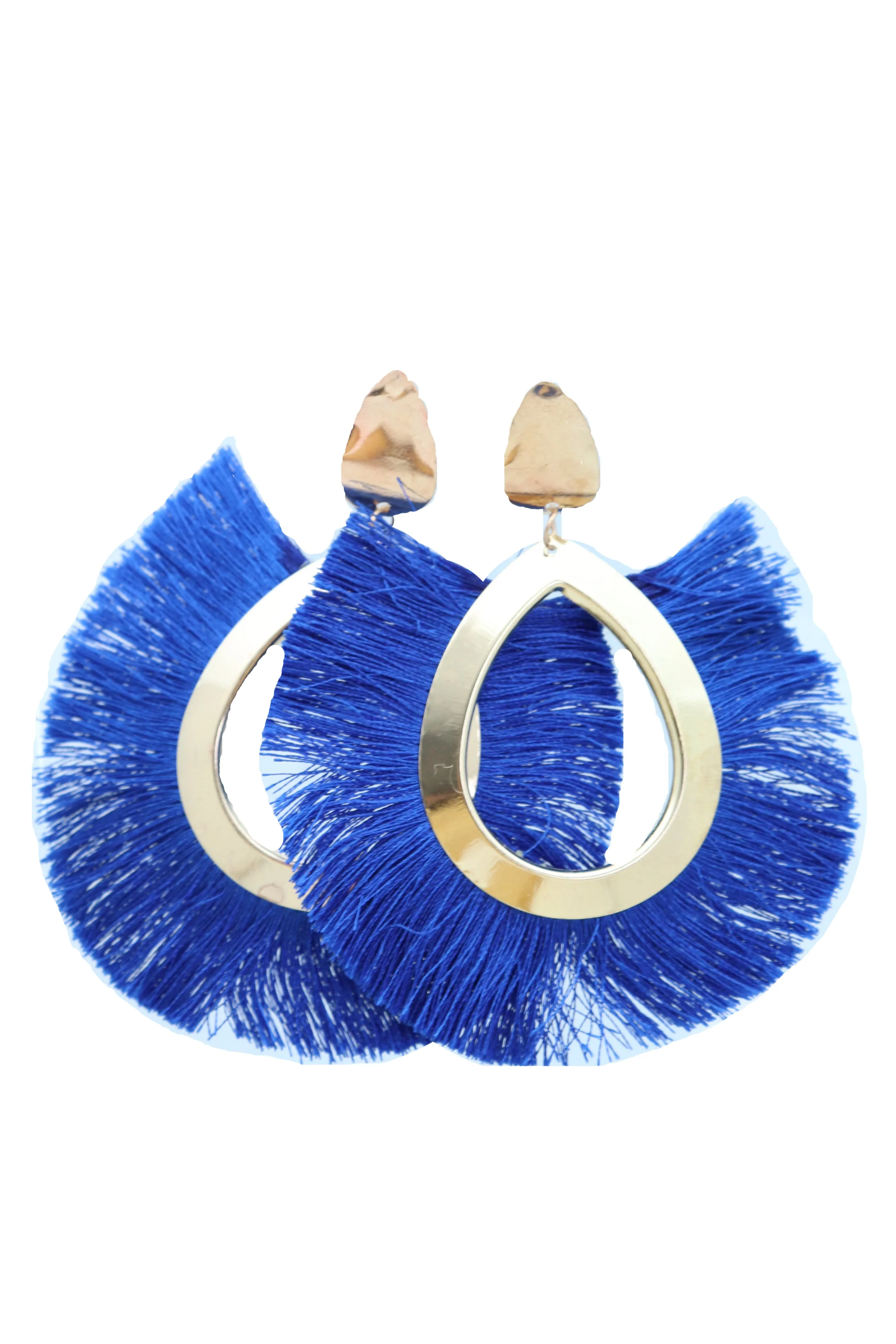 Earrings Set Gold Metal Stud Water Drop Blue Fabric Tassel